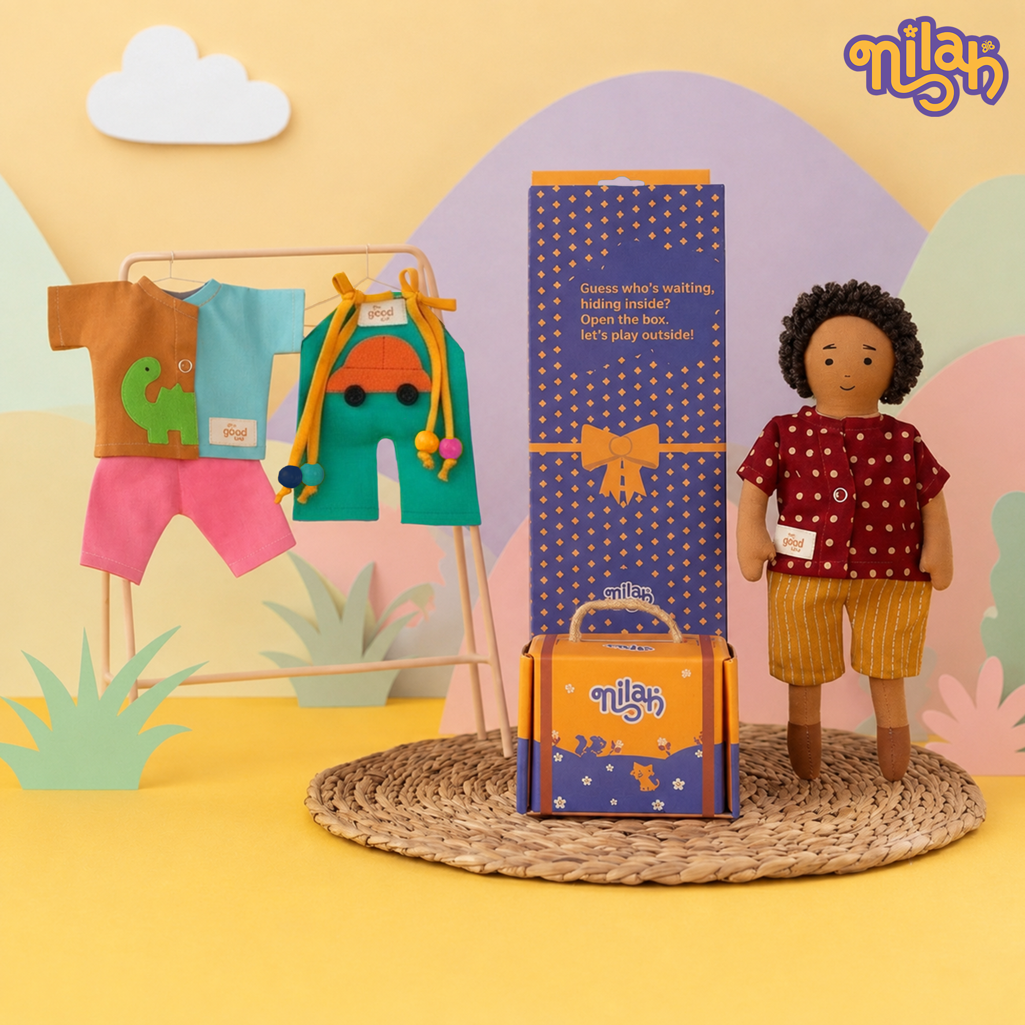 Raagu – Handmade Soft Doll for Kids in Maroon Polka Dot Shirt & Yellow Shorts