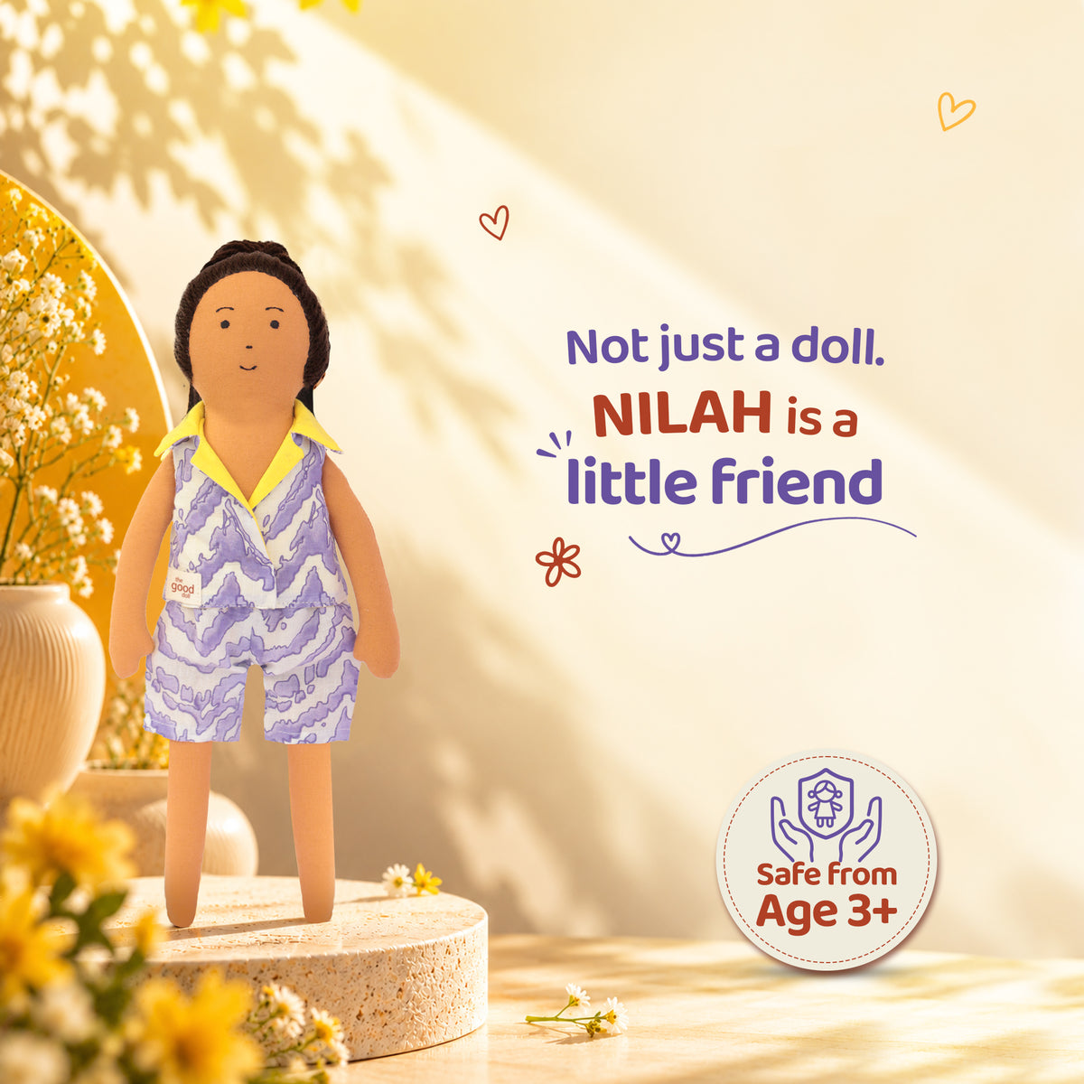 Caring Nilah – Handmade Soft Doll for Children in Purple & Yellow