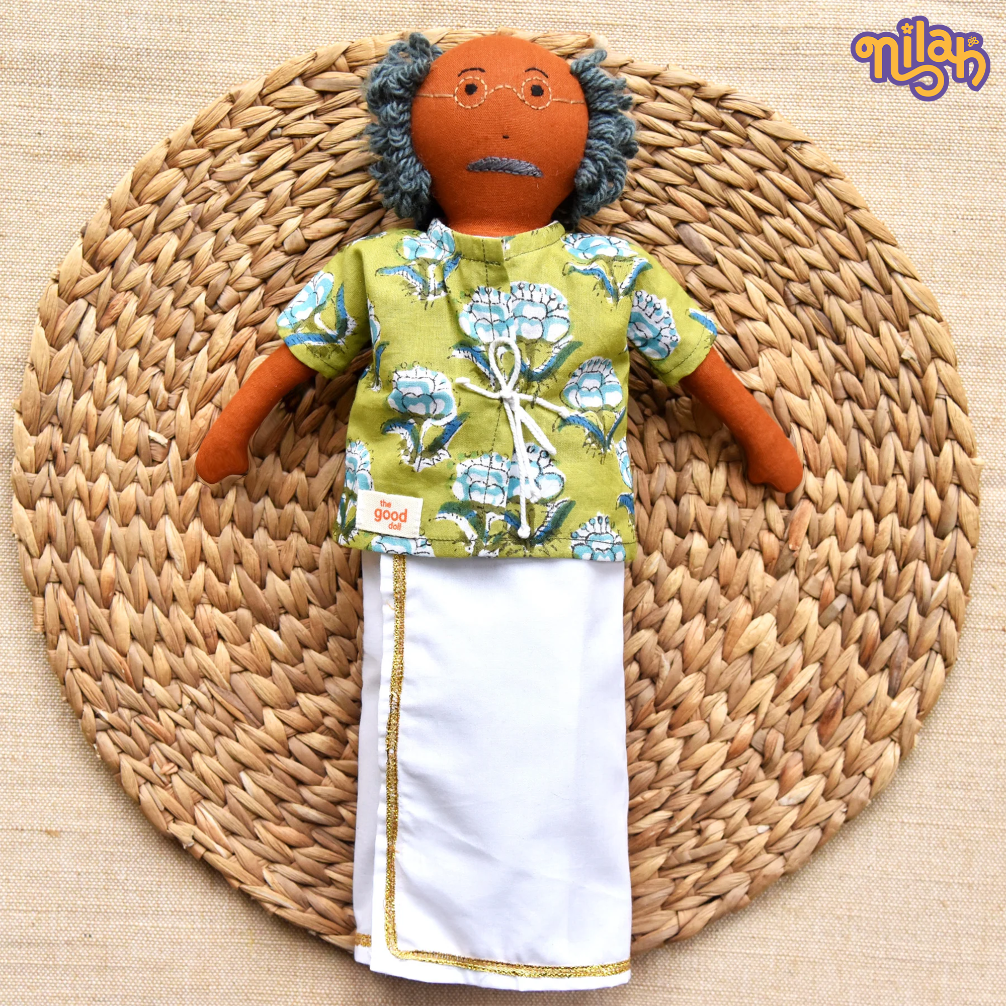 Thatha – Handmade Soft Doll for Kids in Green Floral Tie-Up Jacket and Dhoti