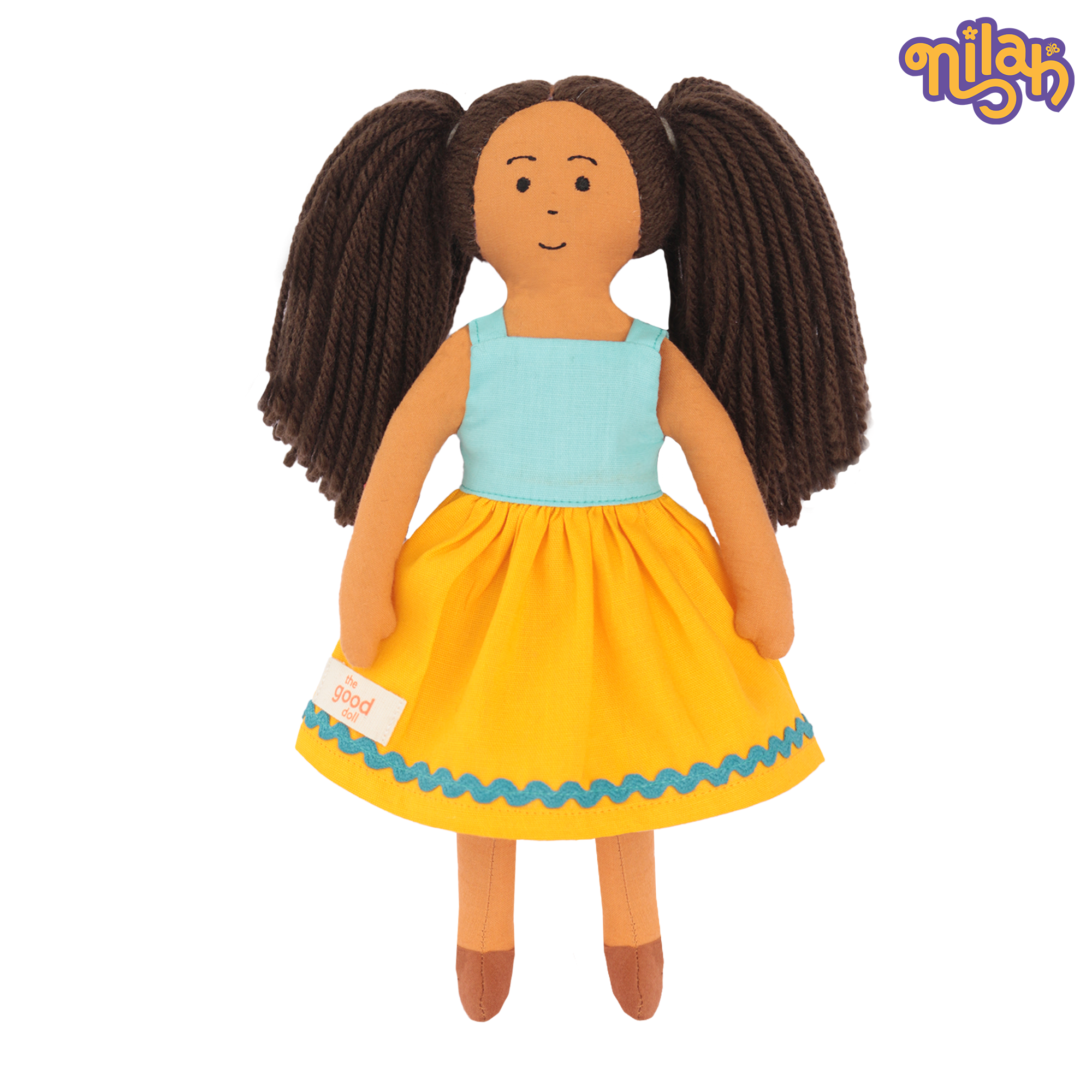 Mira – Handmade Soft Doll for Kids in Sky Blue & Yellow Strapped Dress