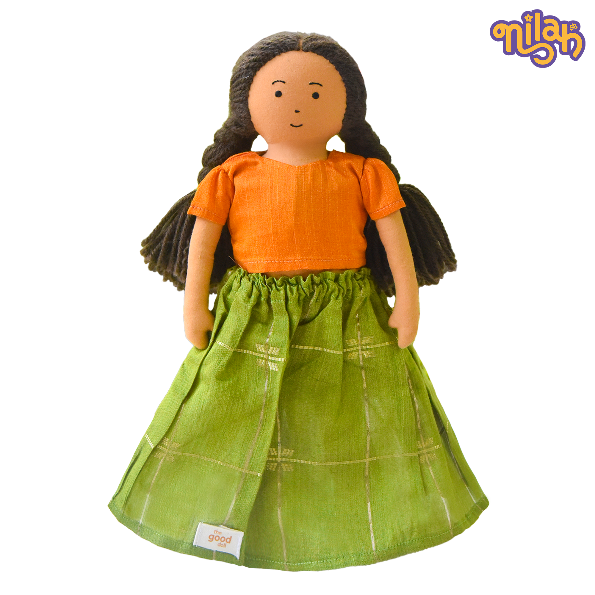 Nilah – Handmade Soft Doll for Kids in Green Checked Silk Skirt