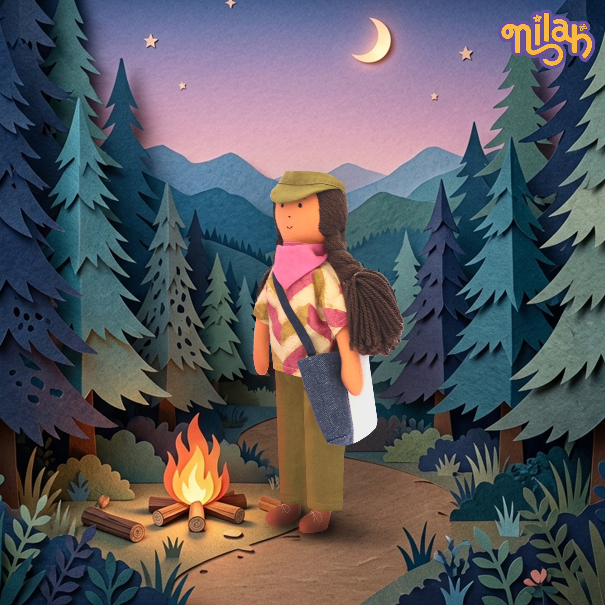 Nilah Goes Camping – Handmade Soft Doll for Children in Pink & Green