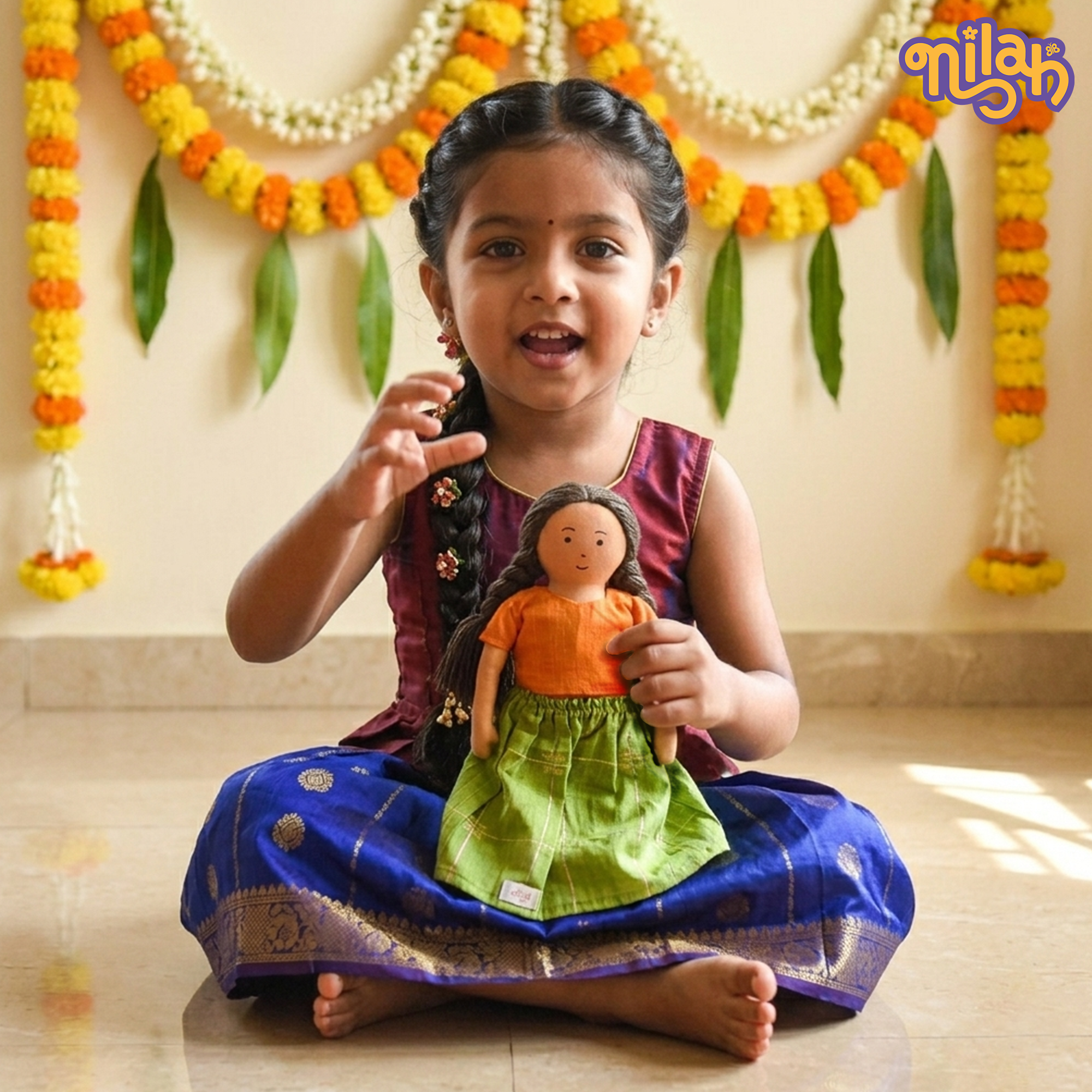 Nilah – Handmade Soft Doll for Kids in Green Checked Silk Skirt