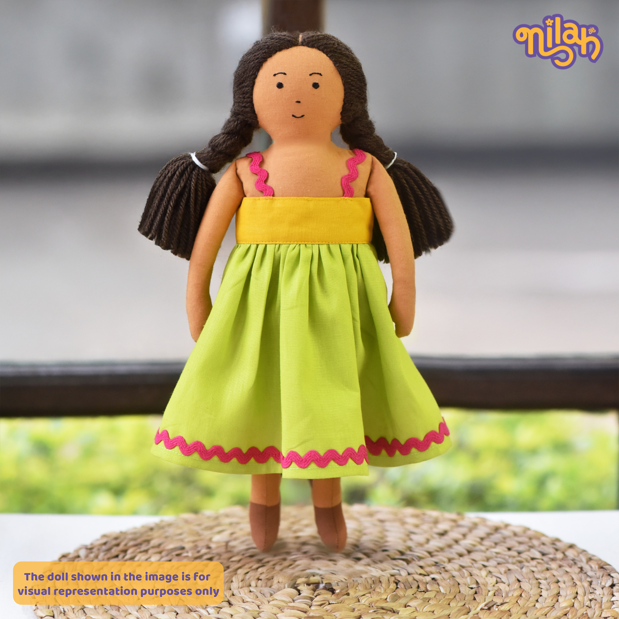 Nilah – Handmade Soft Doll for Kids in Bright Pink & Yellow Floral skirt set