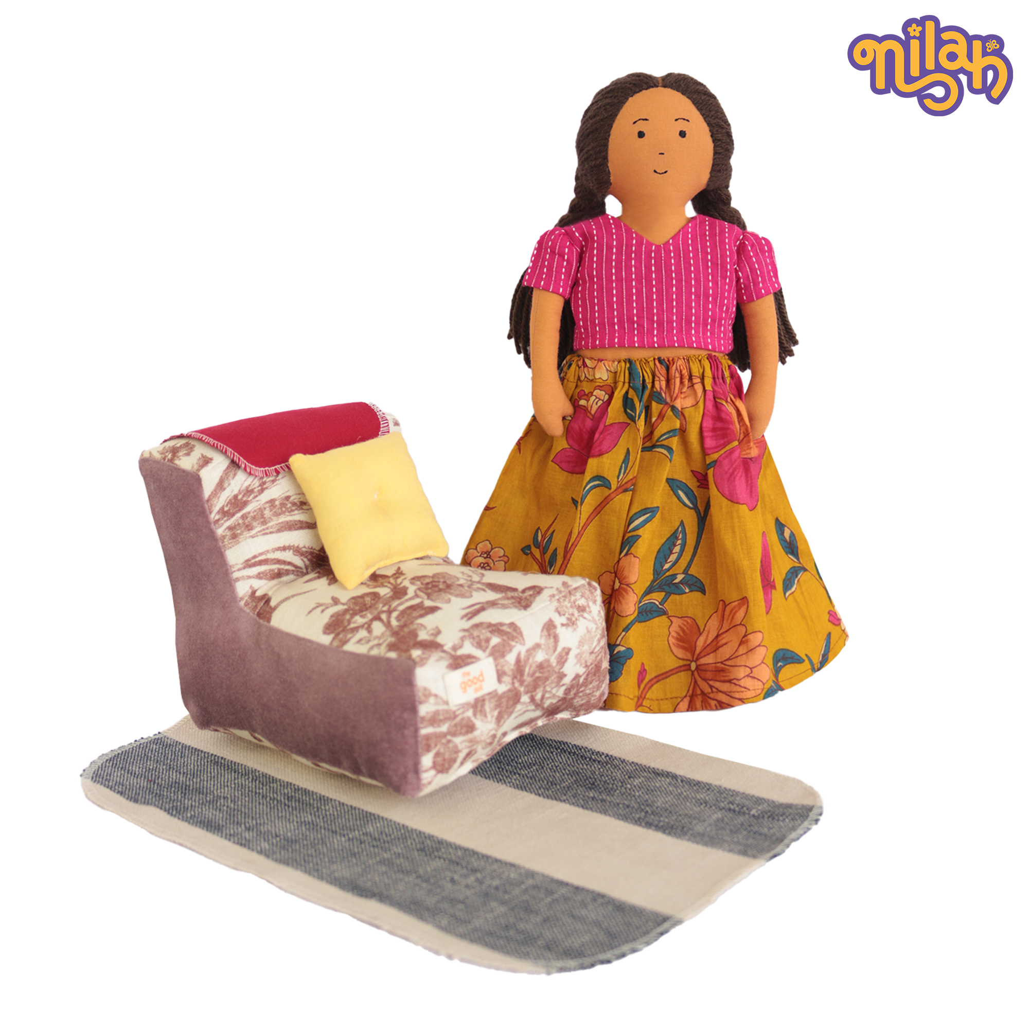 Nilah – Handmade Soft Doll in Floral Skirt + Sofa Set