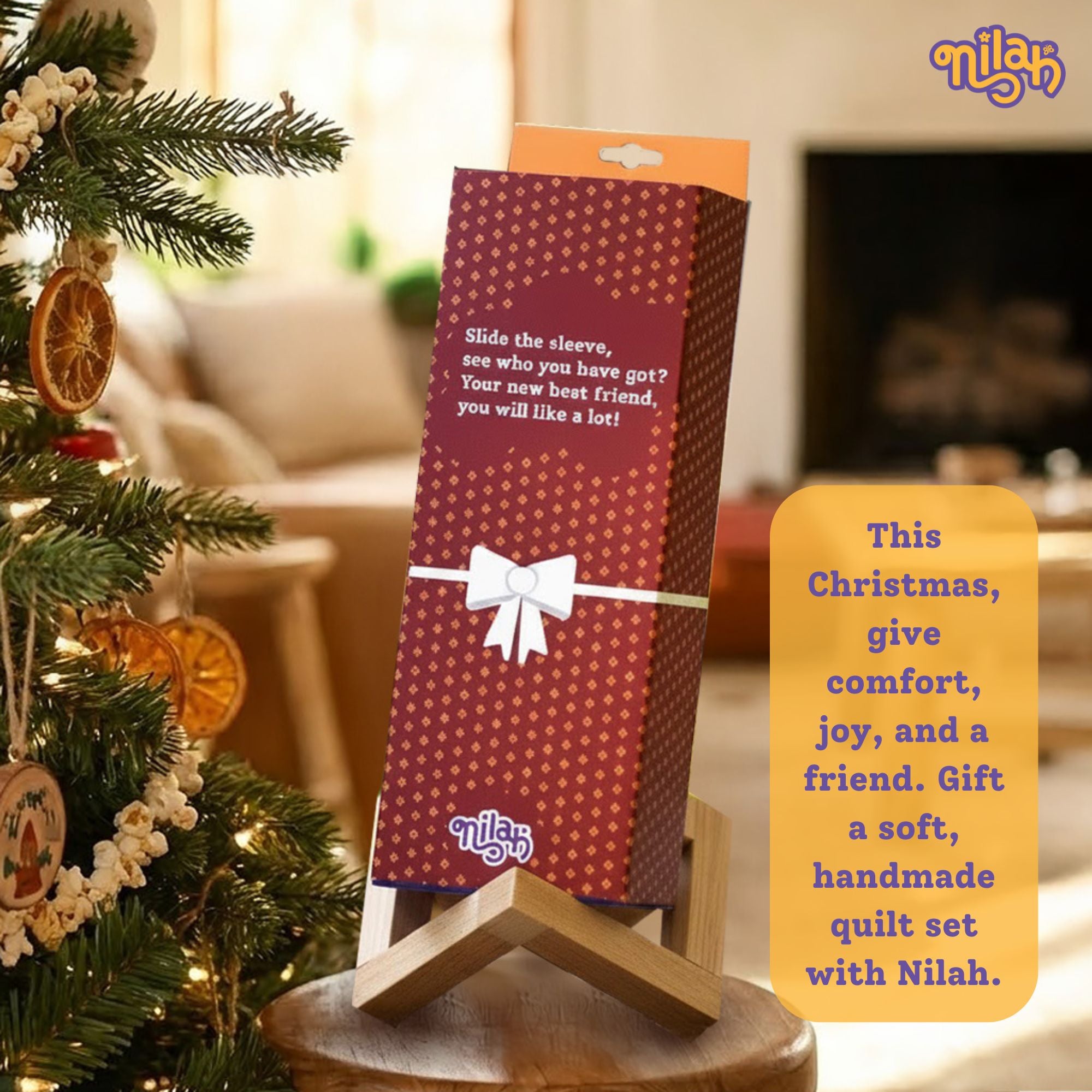 Nilah snuggling into her Christmas quilt & pillow