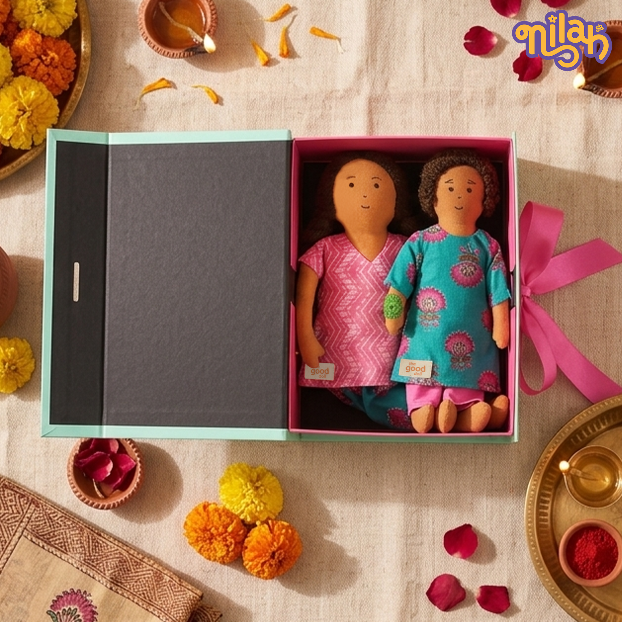 The Bandhan Rakhi Hamper – Nilah & Raagu | 2 Handmade Sibling Dolls in Festive Attire | Handmade Rakhi