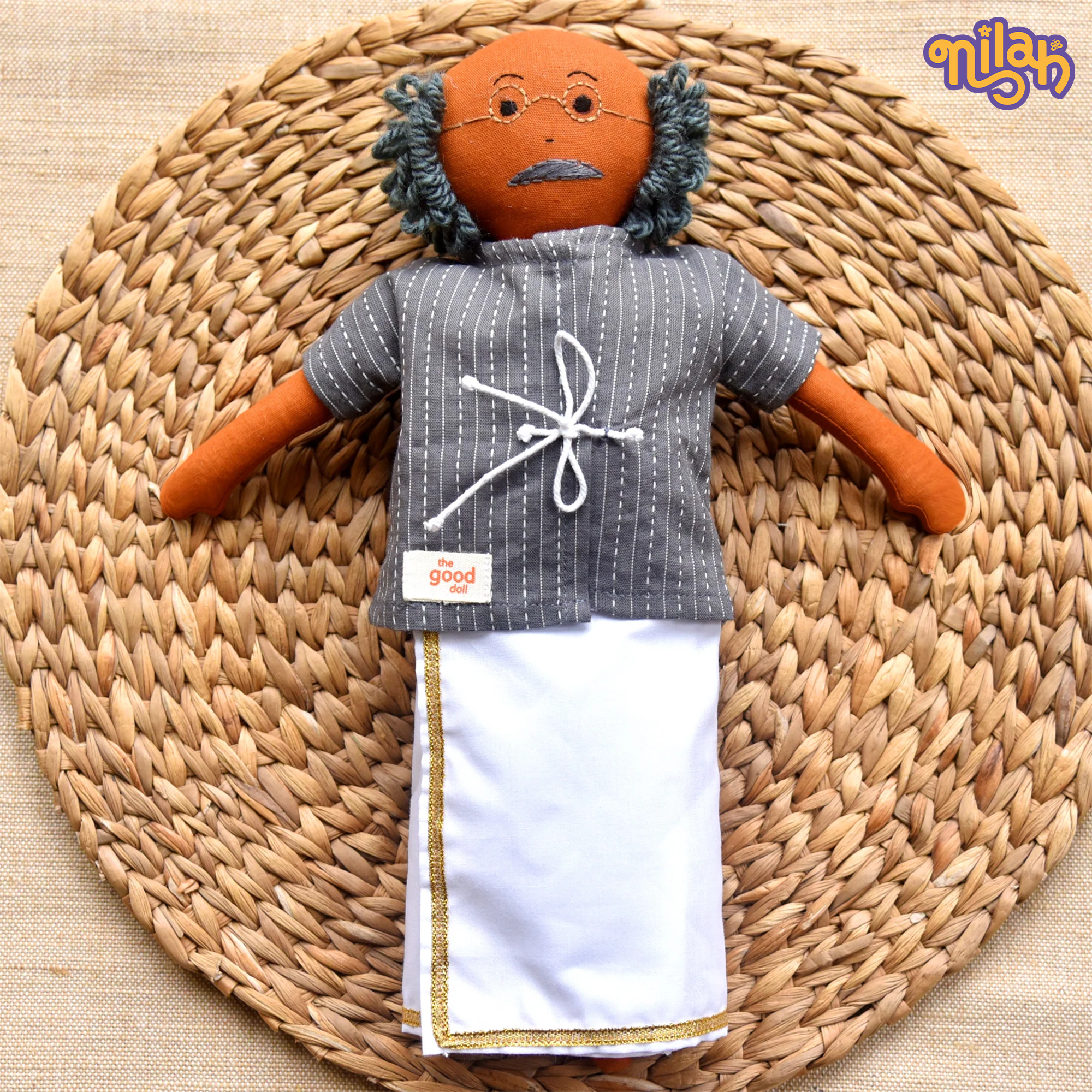 Thatha – Handmade Soft Doll for Kids in Charcoal Grey Cotton Tunic and White Dhoti