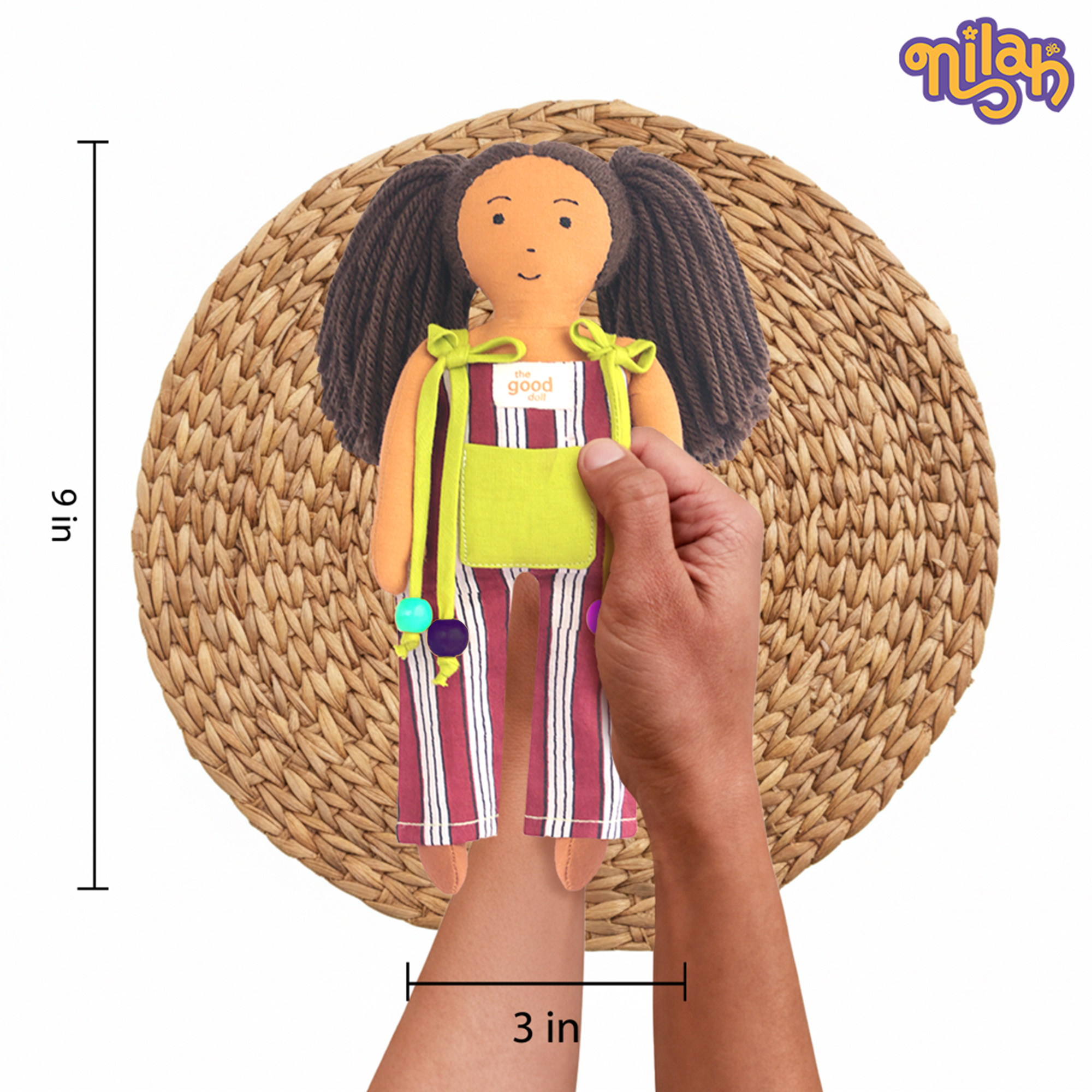 Mira – Handmade Soft Doll for Kids in Red and Green Stripes Jumpsuit