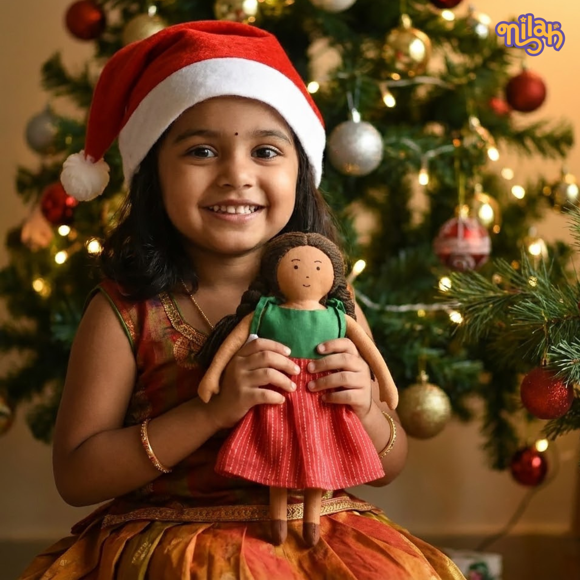 Nilah snuggling into her Christmas quilt & pillow
