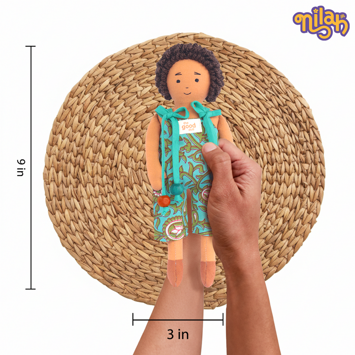 Raagu – Handmade Soft Doll for Kids in Teal Patterned Romper