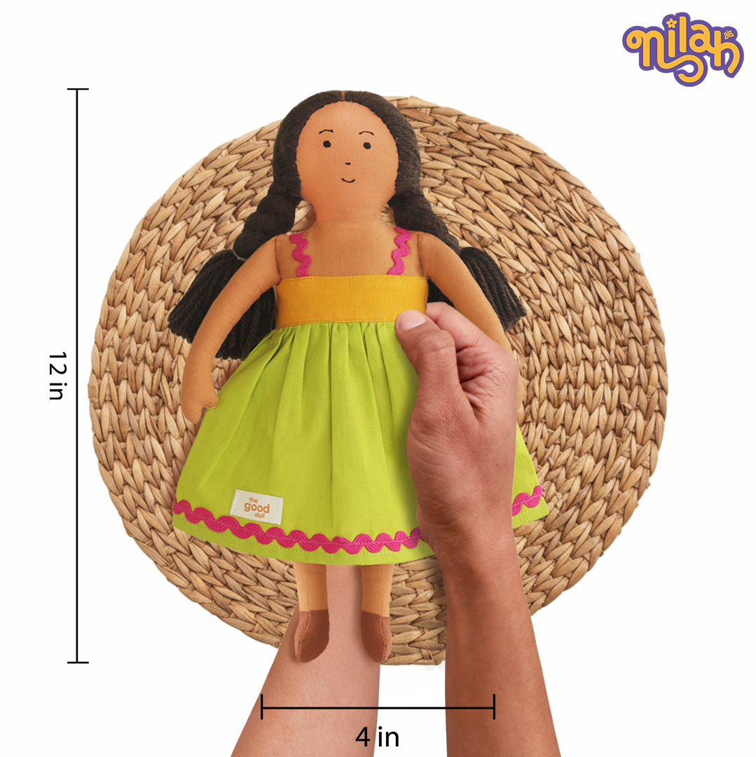 Nilah – Handmade Soft Doll for Kids in Green & Yellow Dress