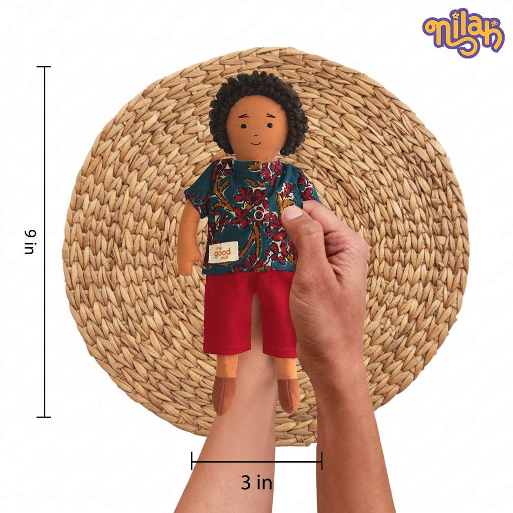 Raagu – Handmade Soft Doll for Kids in Blue Patterned Shirt & Shorts