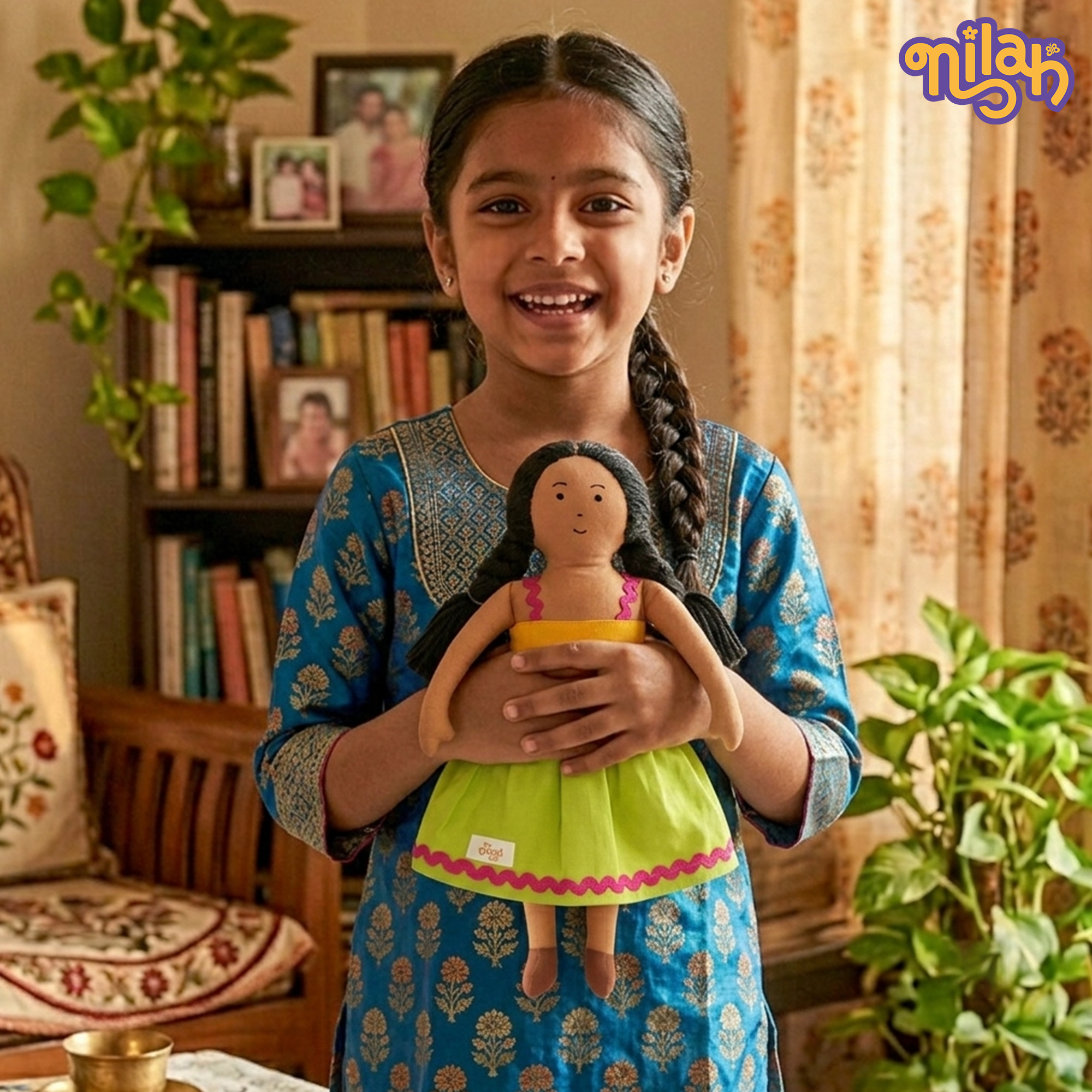 Nilah – Handmade Soft Doll for Kids in Green & Yellow Dress