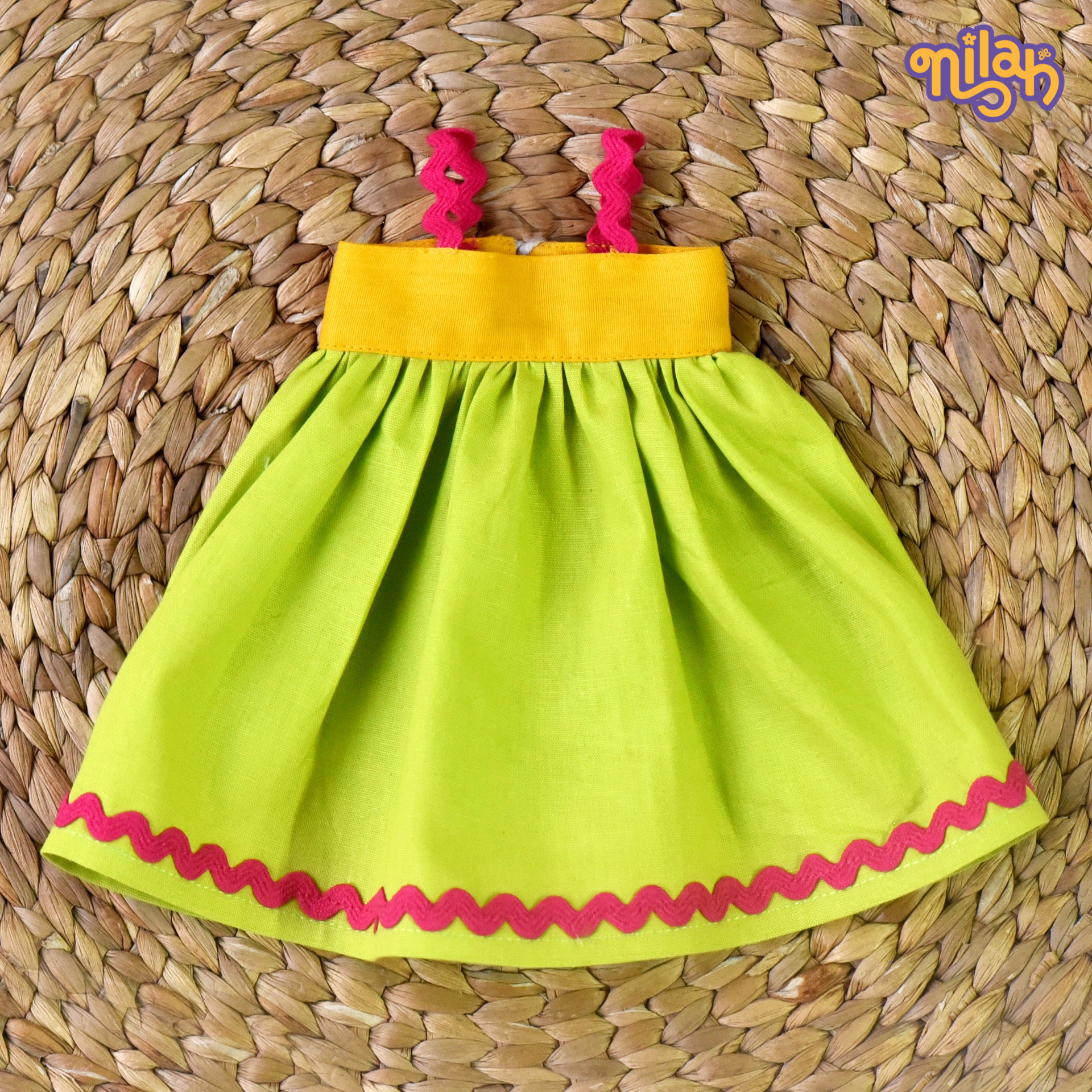 Nilah – Handmade Soft Doll for Kids in Bright Pink & Yellow Floral skirt set