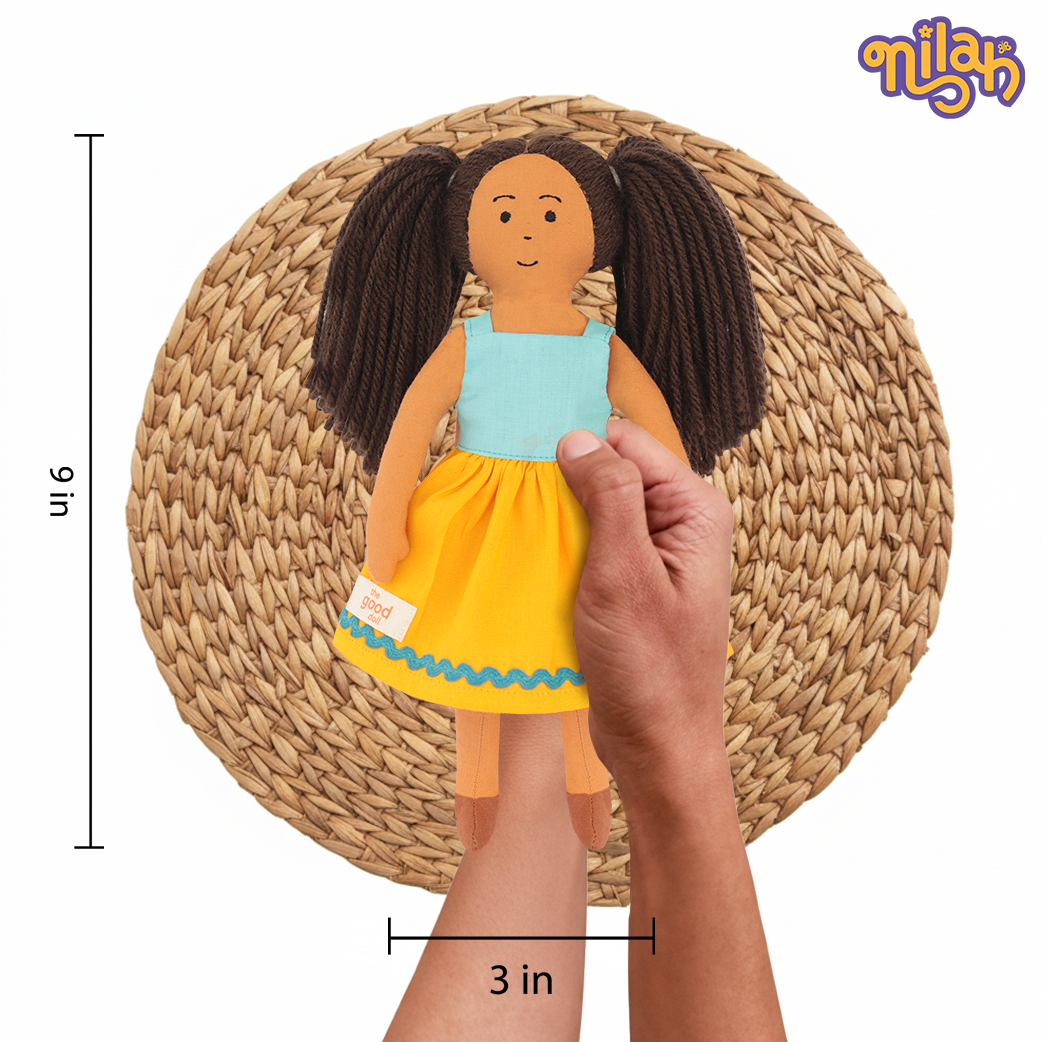 Mira – Handmade Soft Doll for Kids in Sky Blue & Yellow Strapped Dress