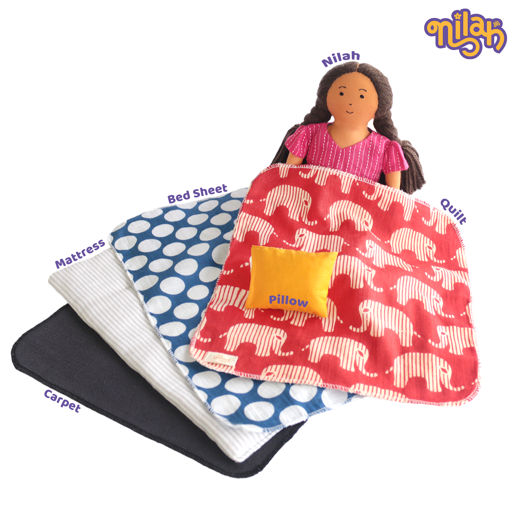 Nilah – Handmade Soft Doll in Floral Skirt + Bed Set