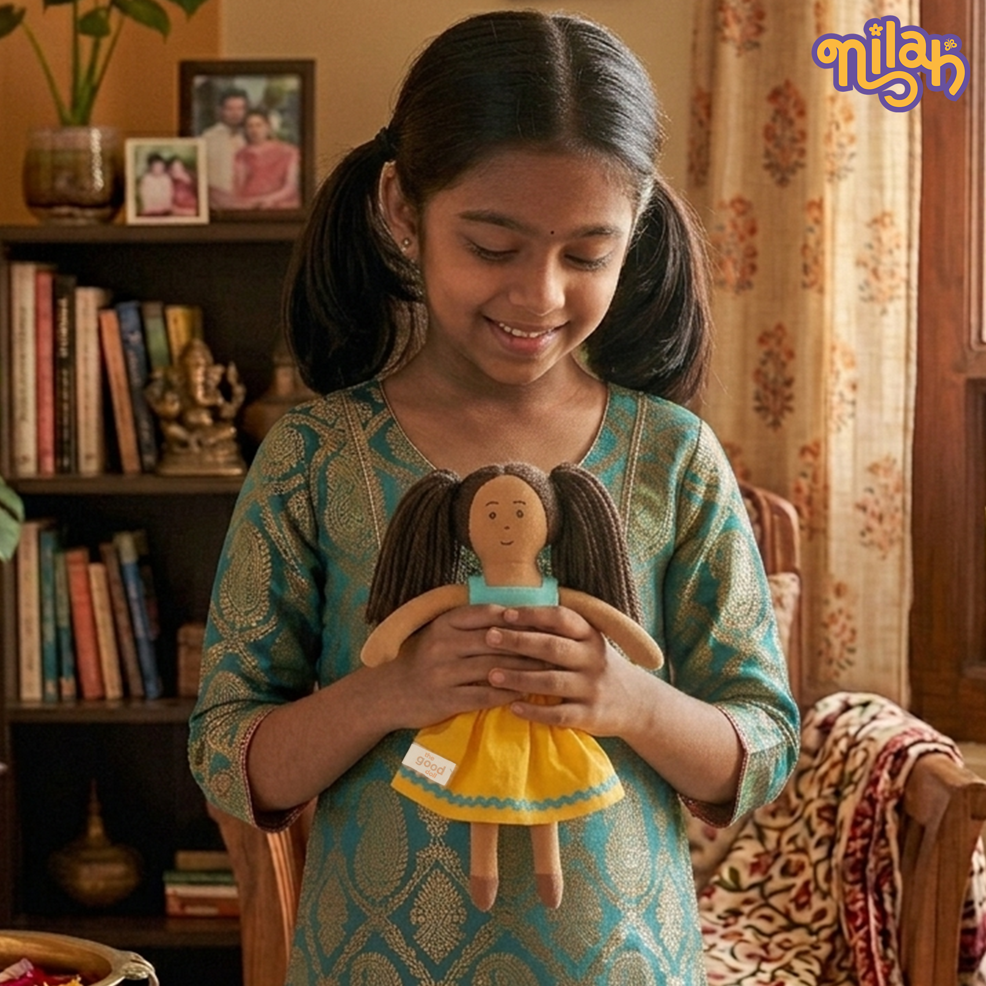 Mira – Handmade Soft Doll for Kids in Sky Blue & Yellow Strapped Dress