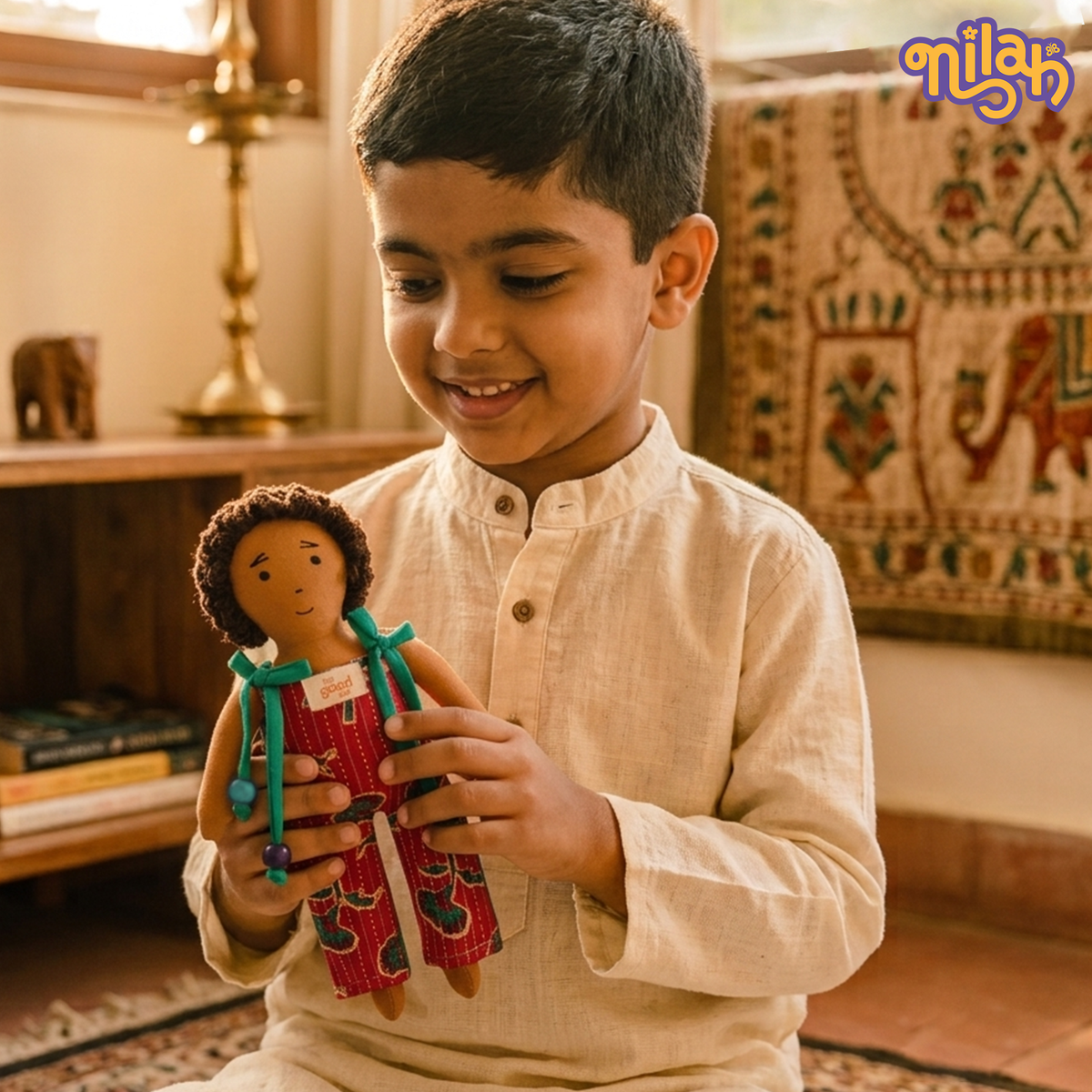 Raagu – Handmade Soft Doll for Kids in Red Patterned Jumpsuit