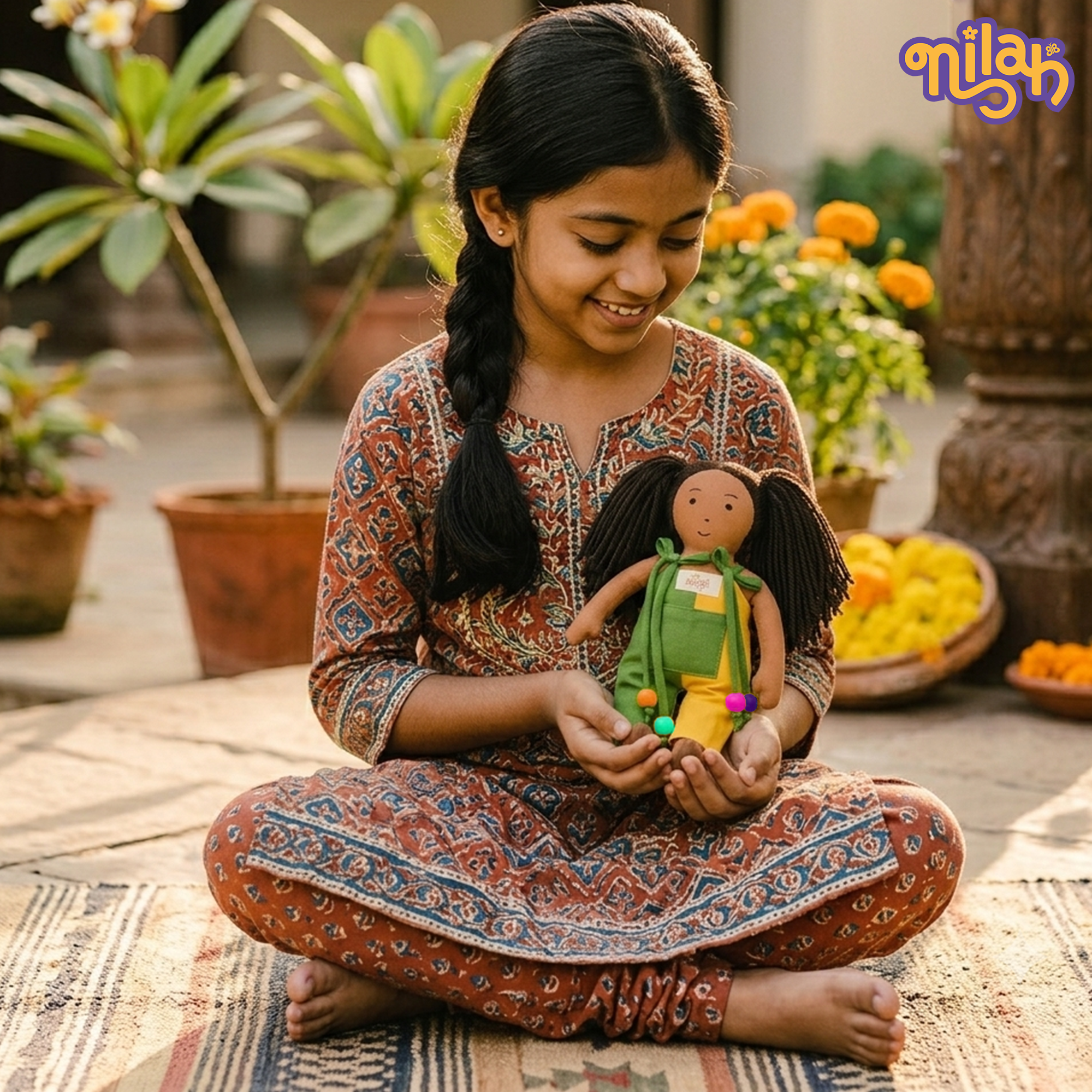 Mira – Handmade Soft Doll for Kids in Green & Yellow Romper