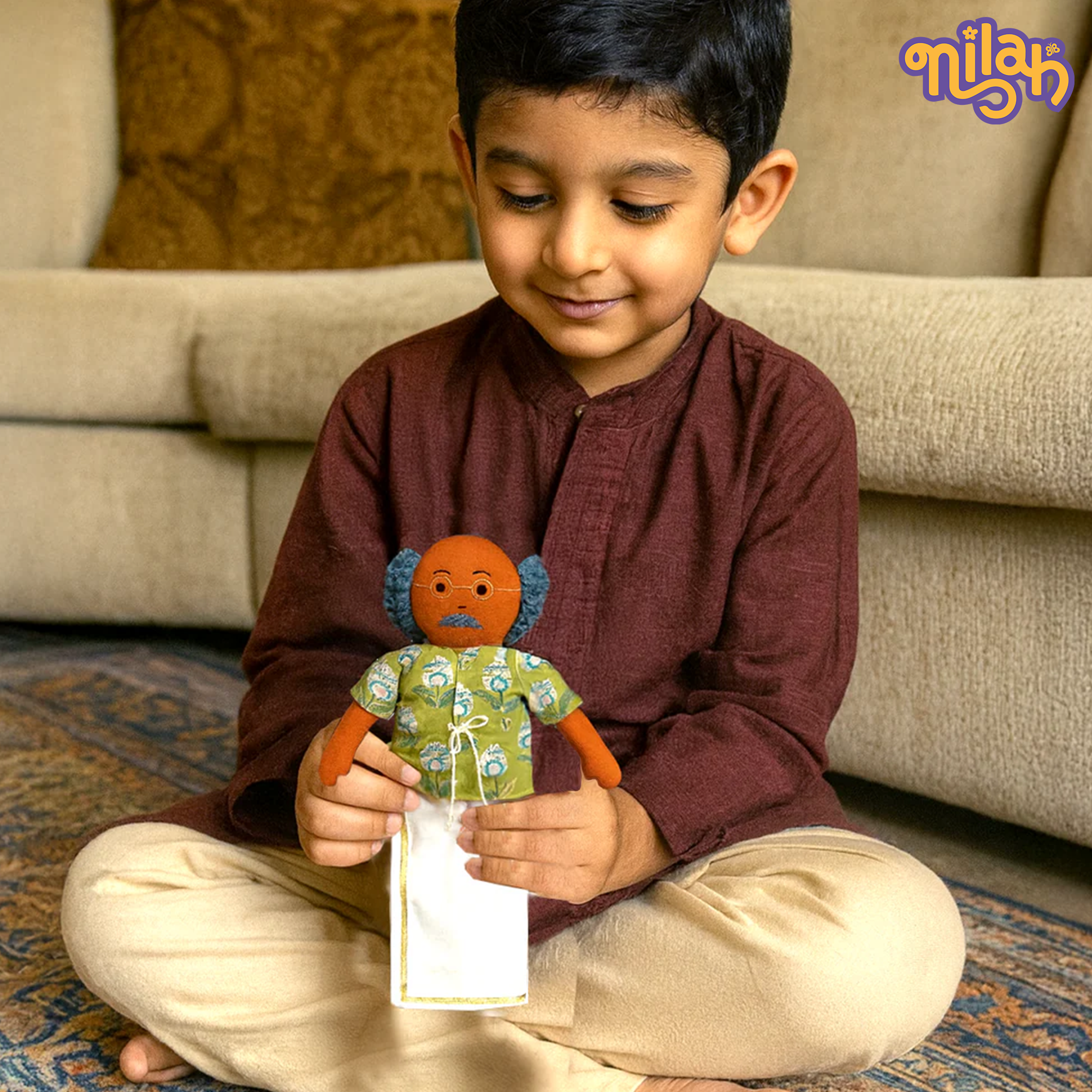Thatha – Handmade Soft Doll for Kids in Green Floral Tie-Up Jacket and Dhoti