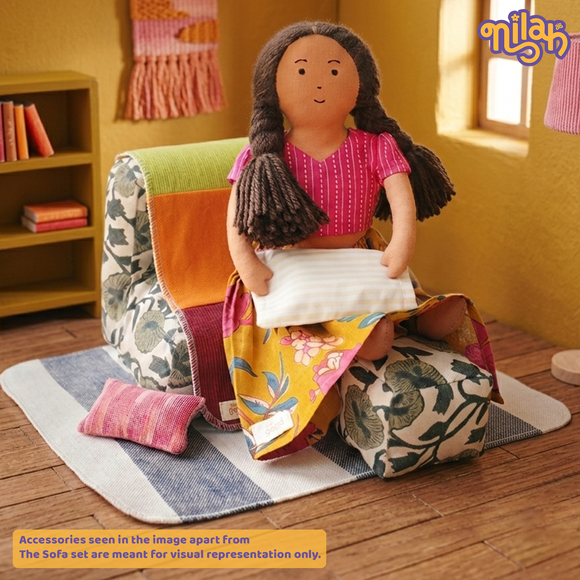 Nilah – Handmade Soft Doll in Floral Skirt + Sofa Set