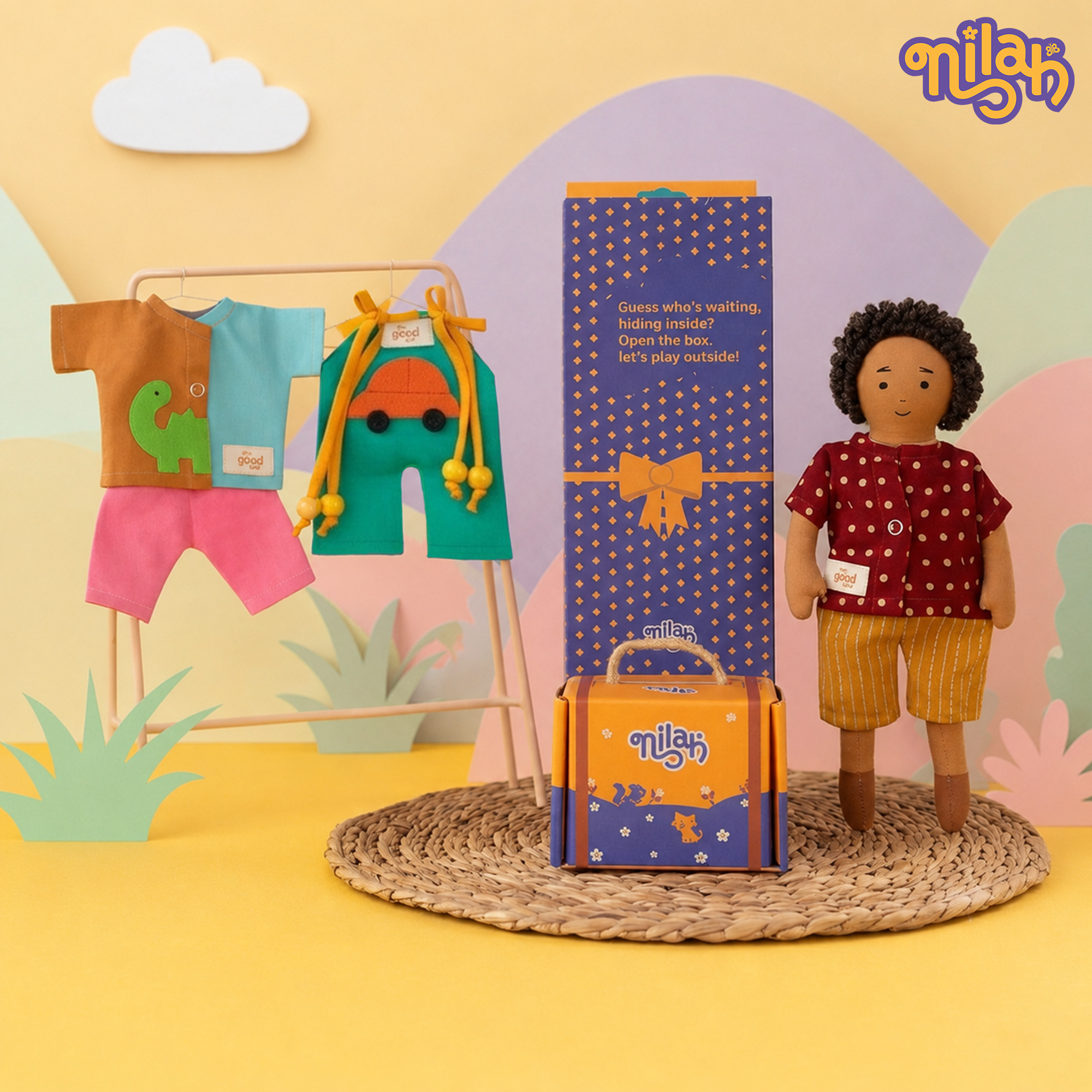 Raagu – Handmade Soft Doll for Kids in Maroon Polka Dot Shirt & Yellow Shorts