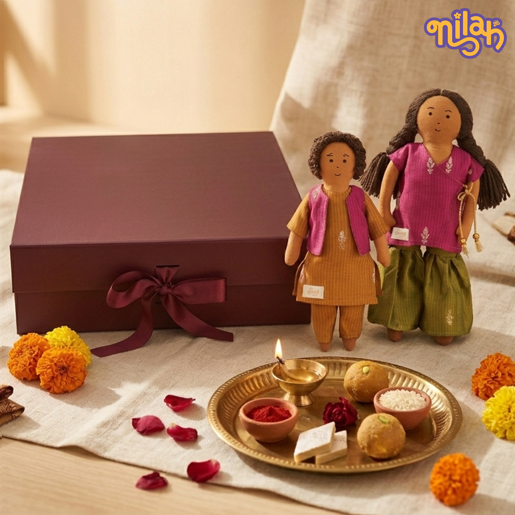 Nilah & Raagu Anmol Premium Rakhi Hamper - 2 Handmade Sibling Dolls in Festive Attire | Handmade Rakhi | Interchangeable Outfit Sets
