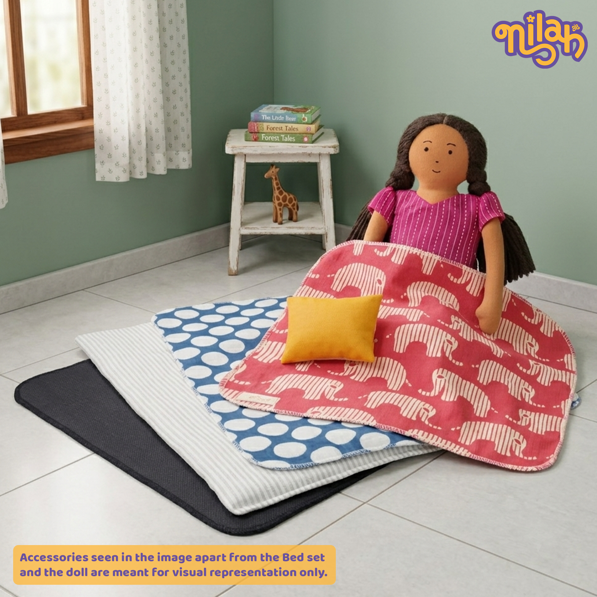 Nilah – Handmade Soft Doll in Floral Skirt + Bed Set