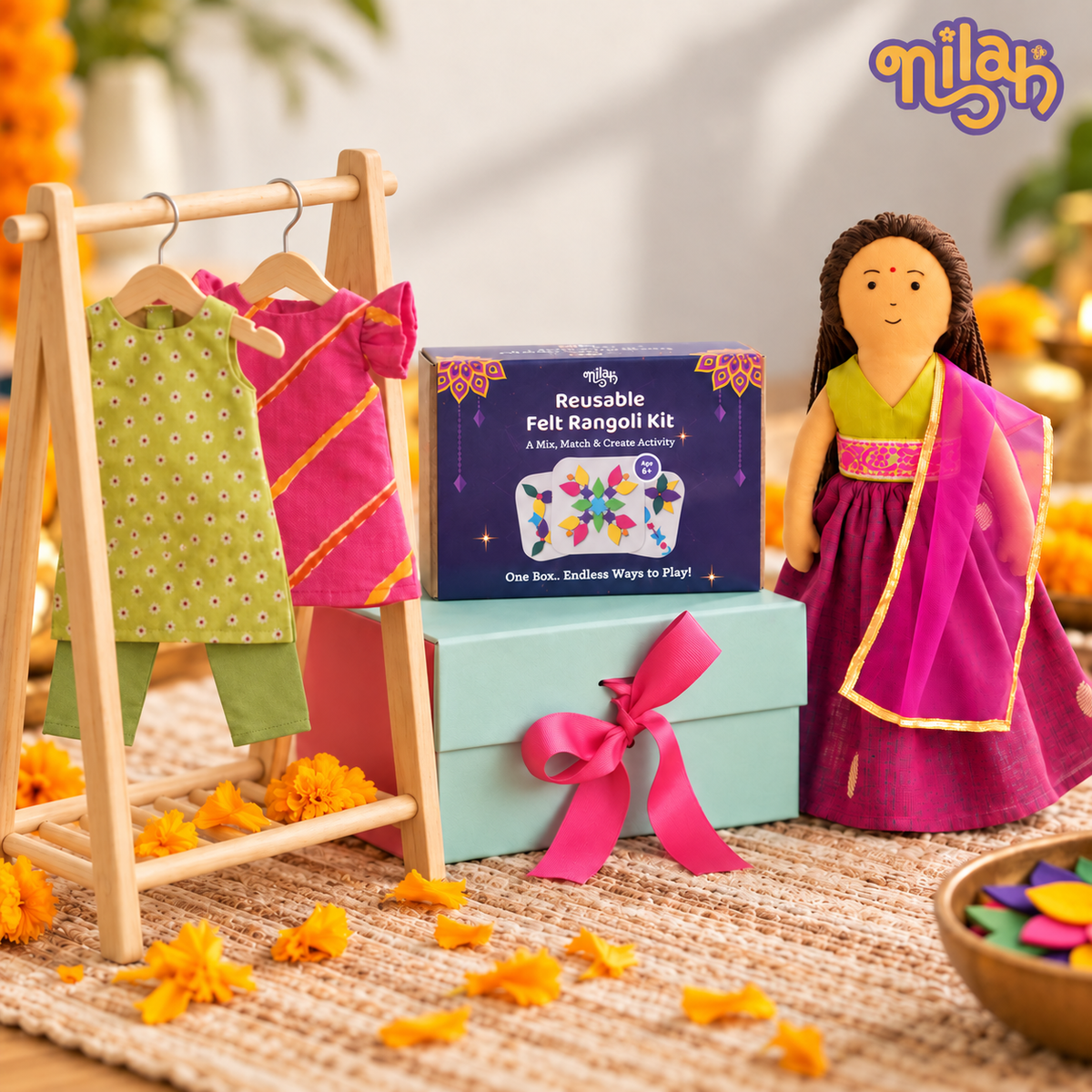 Nilah's Diwali Hamper - Safe, Washable, ISI-Certified Fabric Dolls | 12" | Gift Hamper for Diwali| 1 doll with festive wear | 2 extra garments | 1 Rangoli set