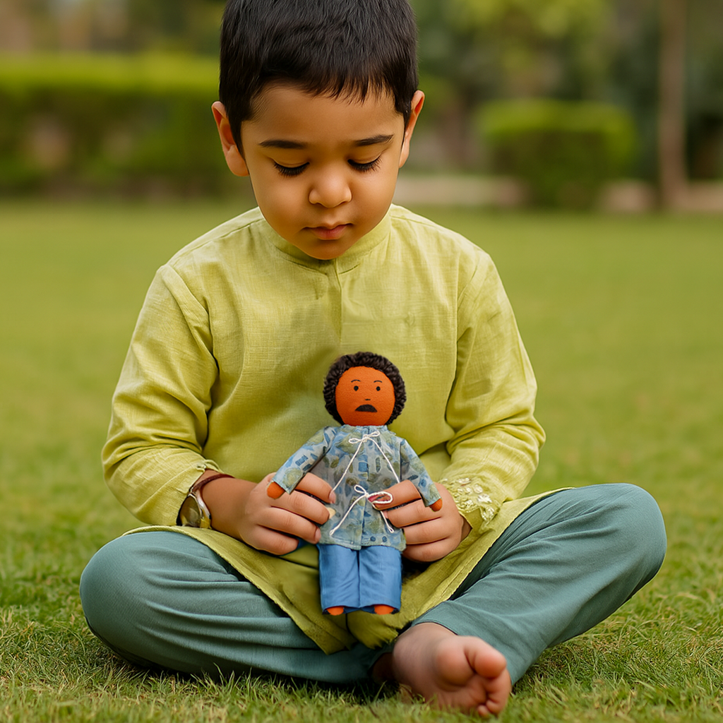 Appa – Handmade Soft Doll for Kids in Blue Nature-Print Tunic & Trousers