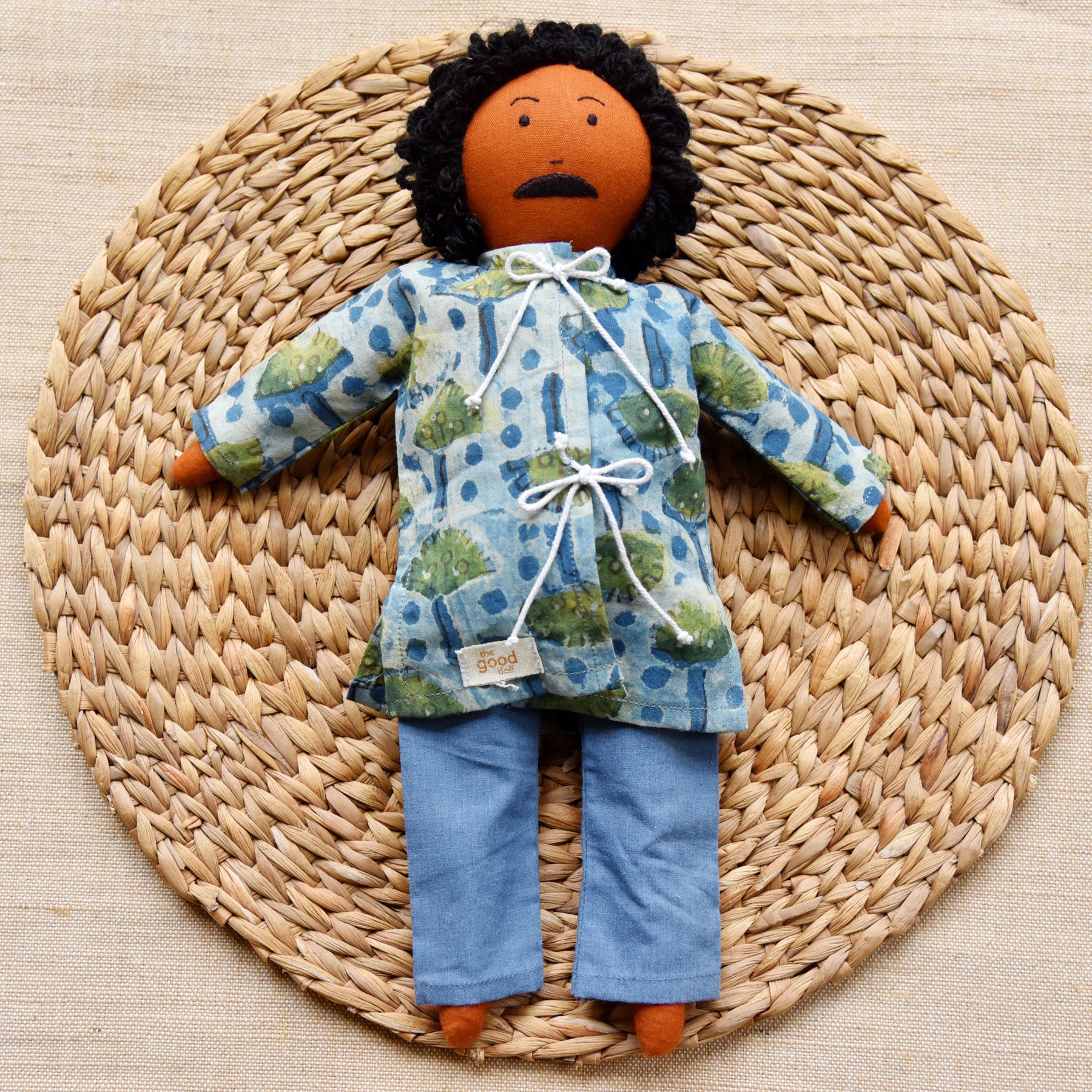 Appa – Handmade Soft Doll for Kids in Blue Nature-Print Tunic & Trousers