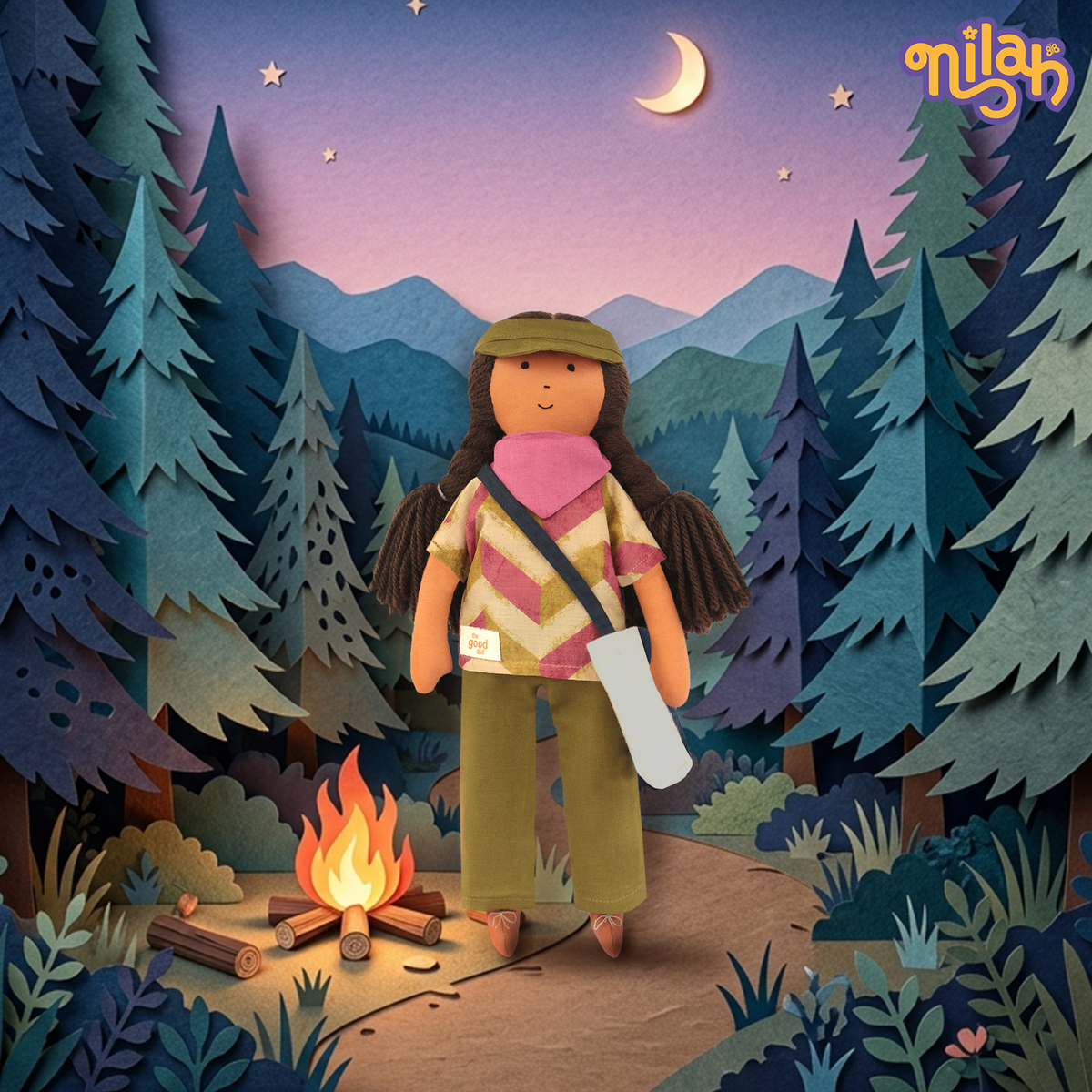 Nilah Goes Camping Set – Handmade Soft Doll for Kids in Pink & Green