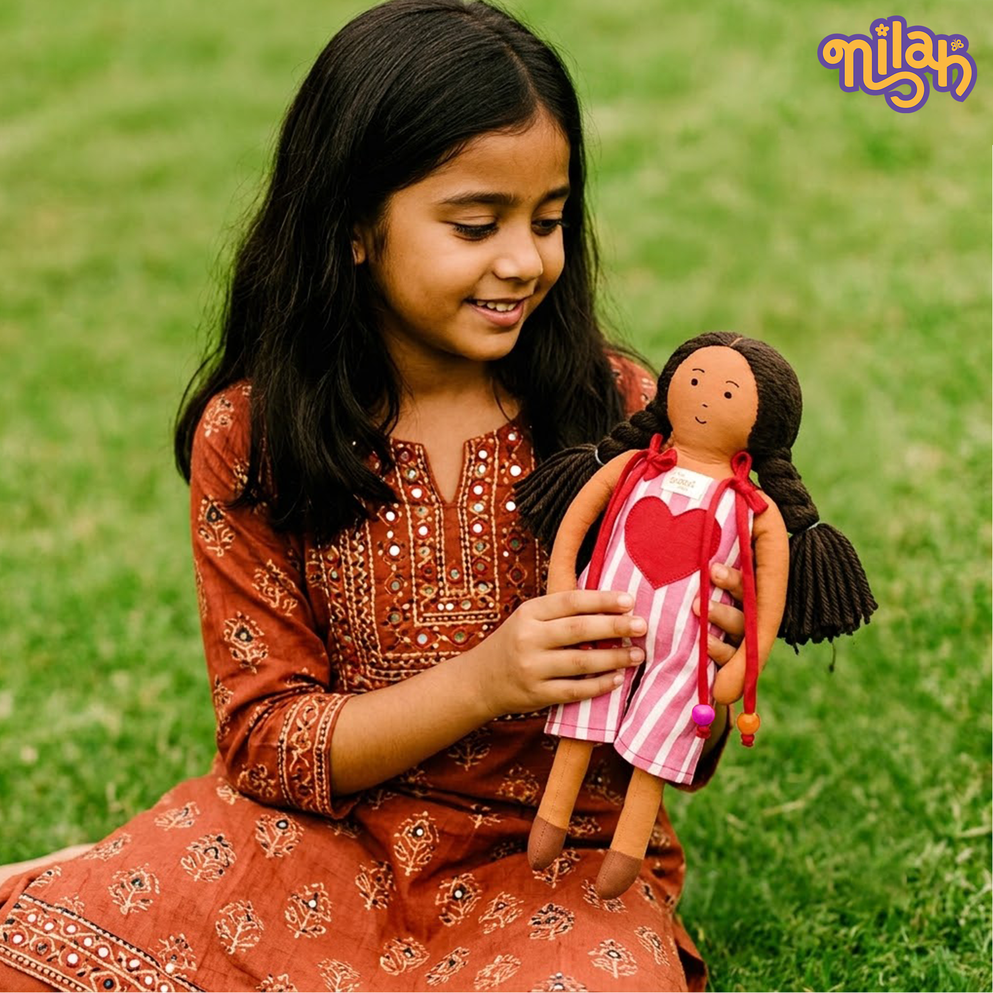 Nilah – Handmade Soft Doll for Kids in Pink, Red & White Romper