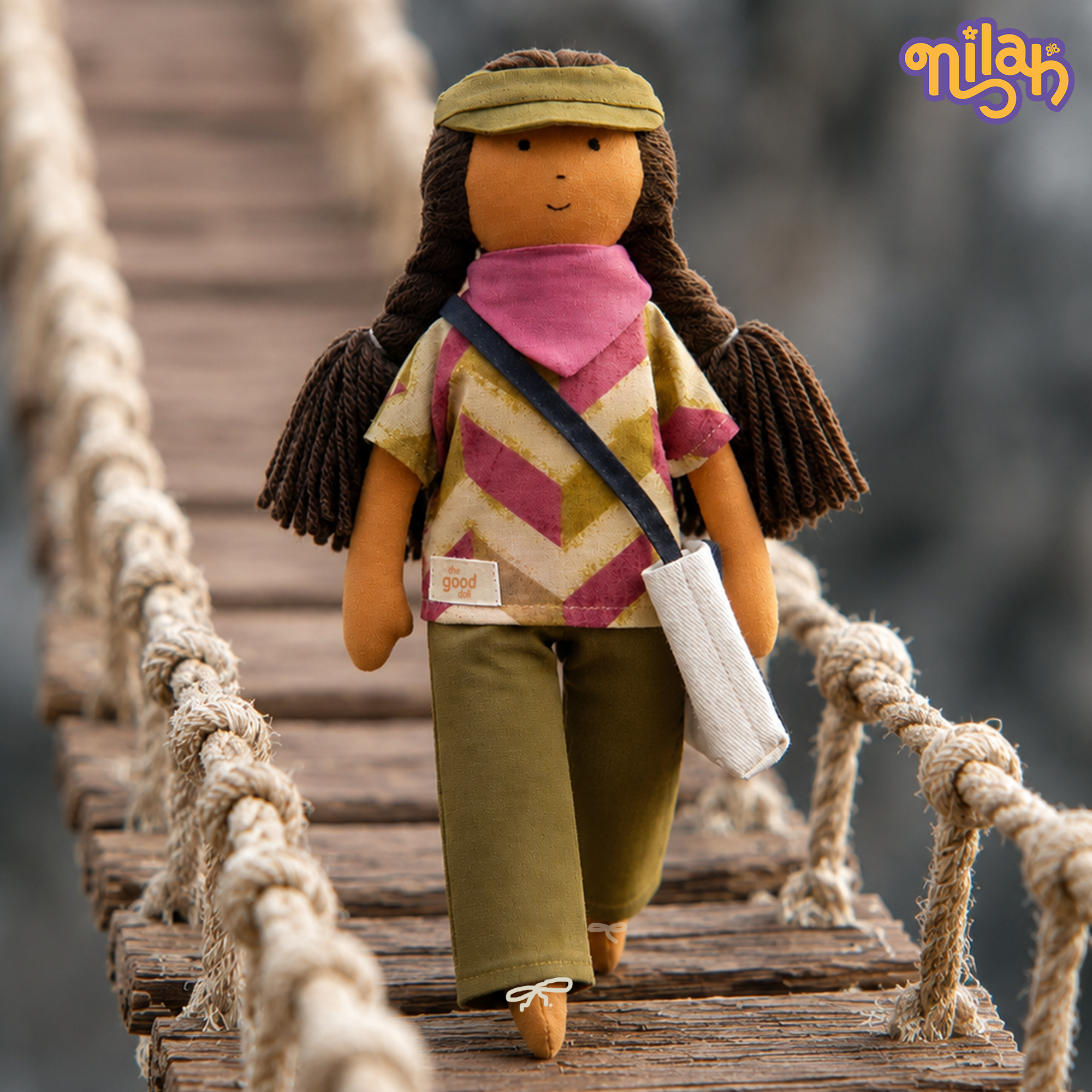 Nilah Goes Camping – Handmade Soft Doll for Children in Pink & Green