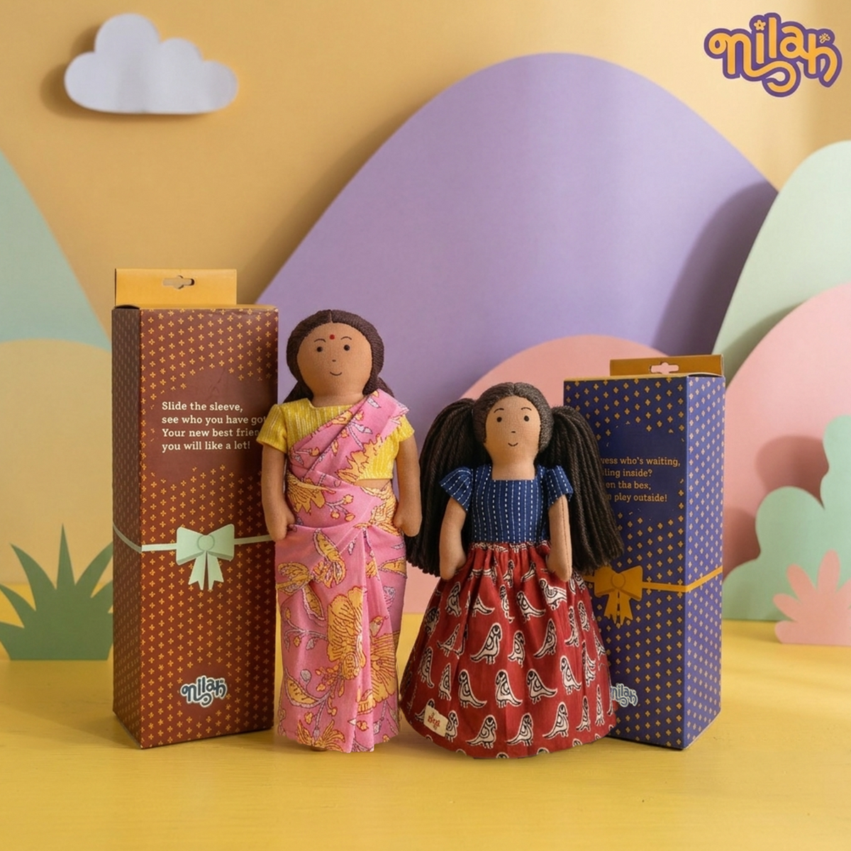 Mira & Amma – Handmade Soft Doll Set of 2 | Safe, Washable, ISI-Certified Fabric Dolls | 9" & 12" | Gift-Ready