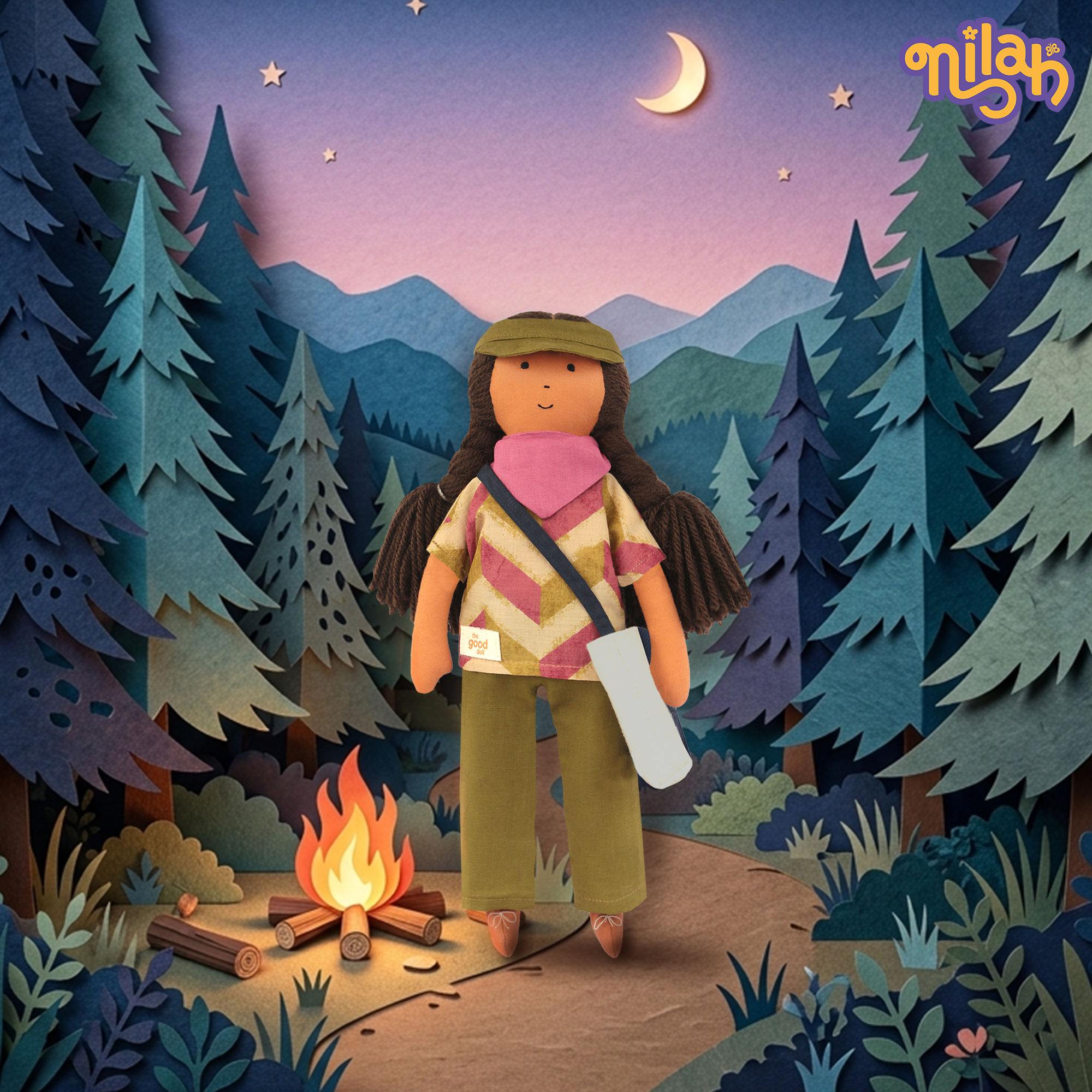 Nilah Goes Camping – Handmade Soft Doll for Children in Pink & Green