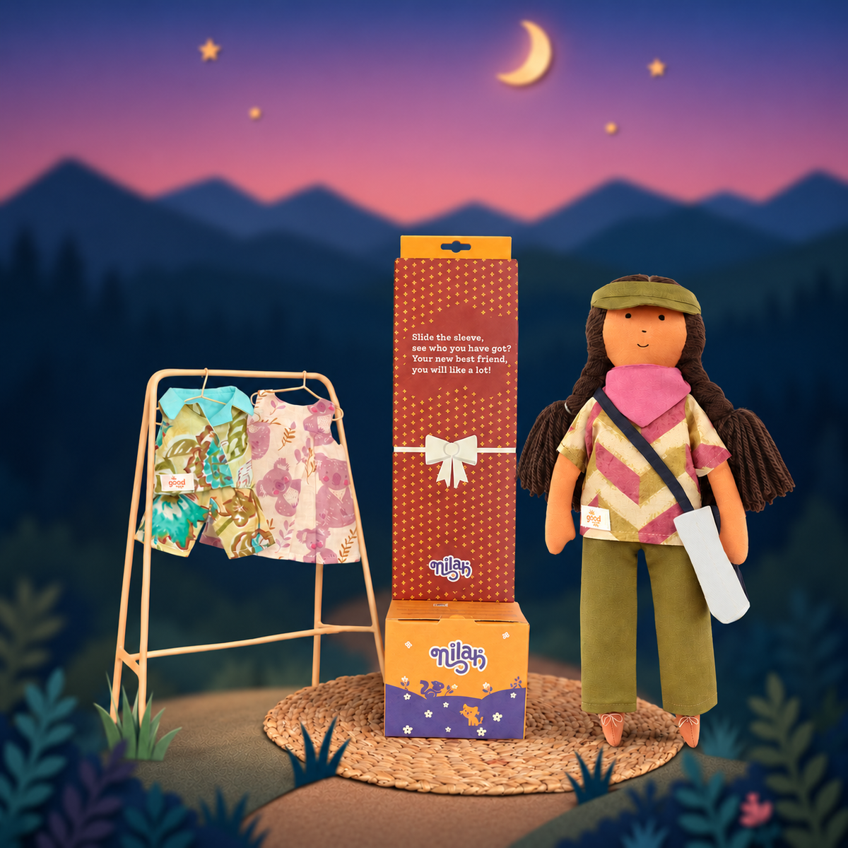 Nilah Goes Camping Set – Handmade Soft Doll for Kids in Pink & Green