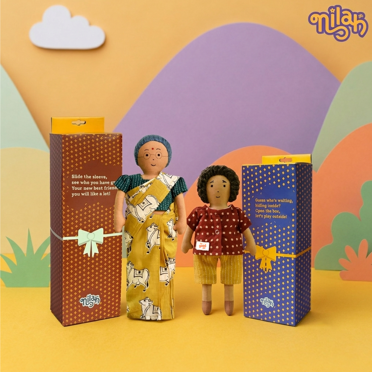 Raagu & Paati – Handmade Soft Doll Set of 2 | Safe, Washable, ISI-Certified Fabric Dolls | 9" & 12" | Gift-Ready