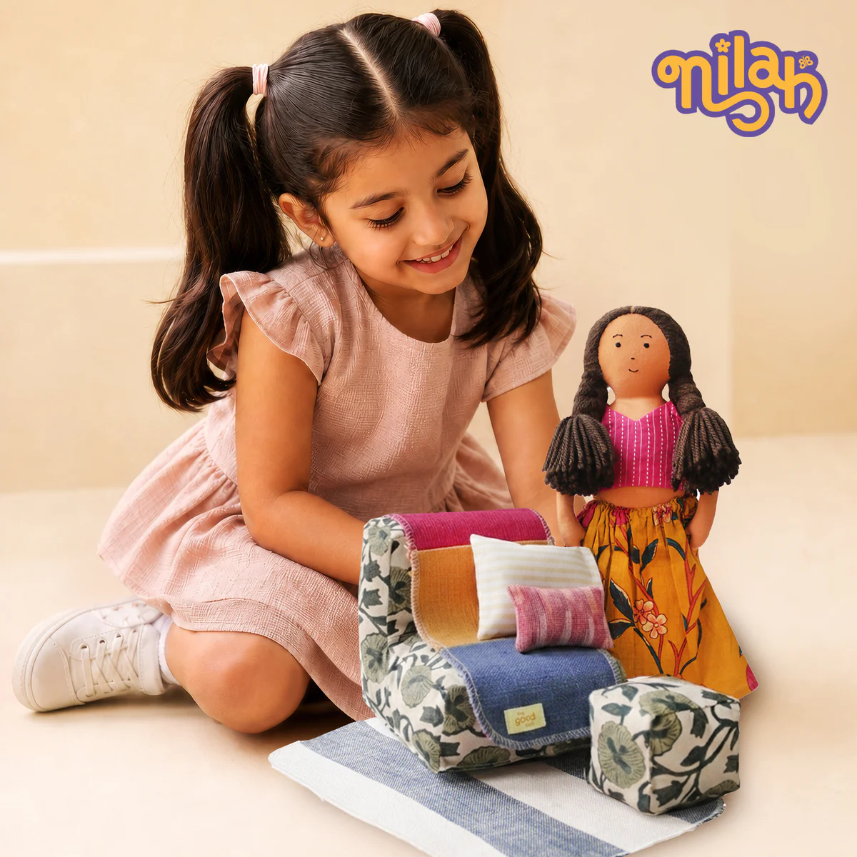 Nilah – Handmade Soft Doll in Floral Skirt + Sofa Set