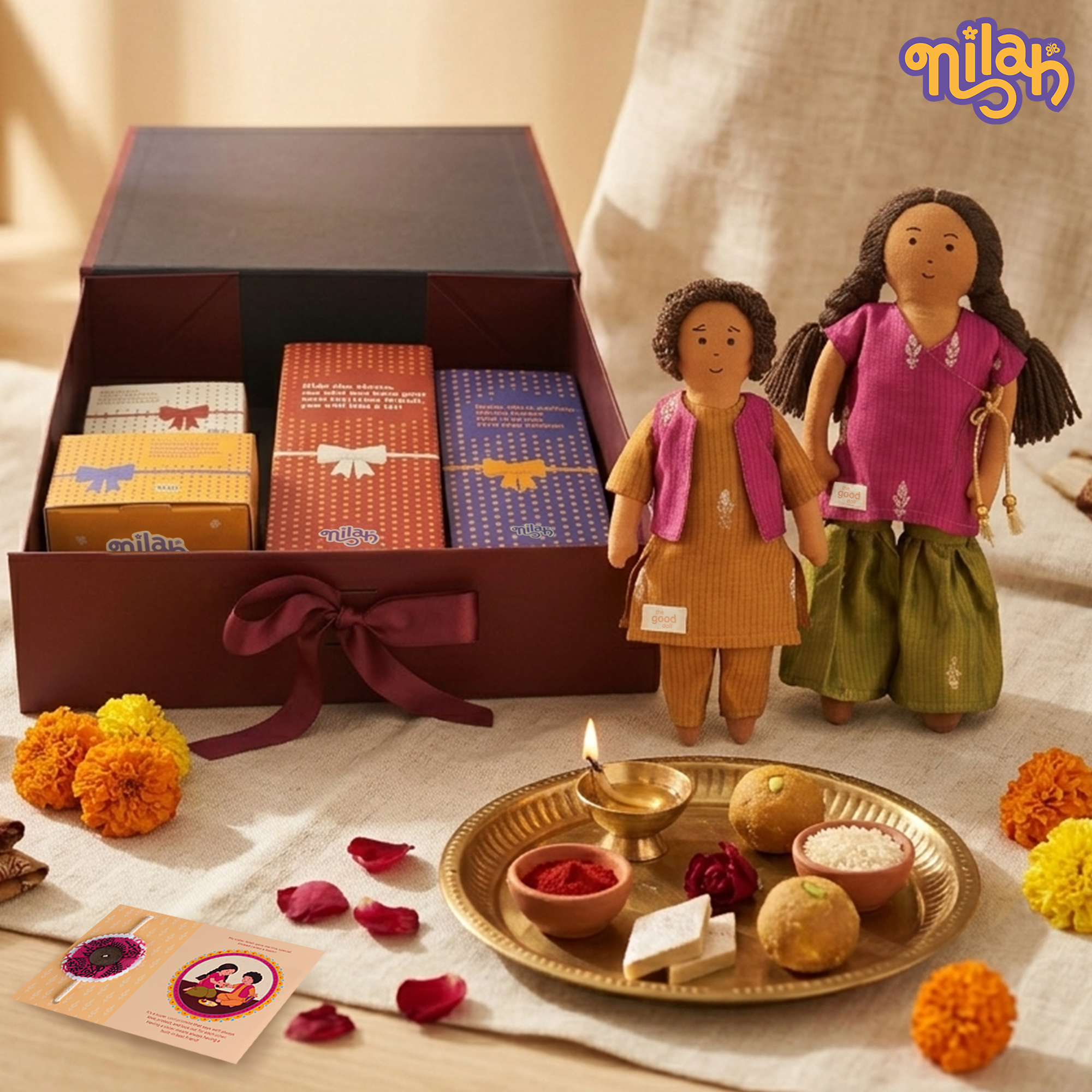 Nilah & Raagu Anmol Premium Rakhi Hamper - 2 Handmade Sibling Dolls in Festive Attire |  Handmade Rakhi | Interchangeable Outfit Sets