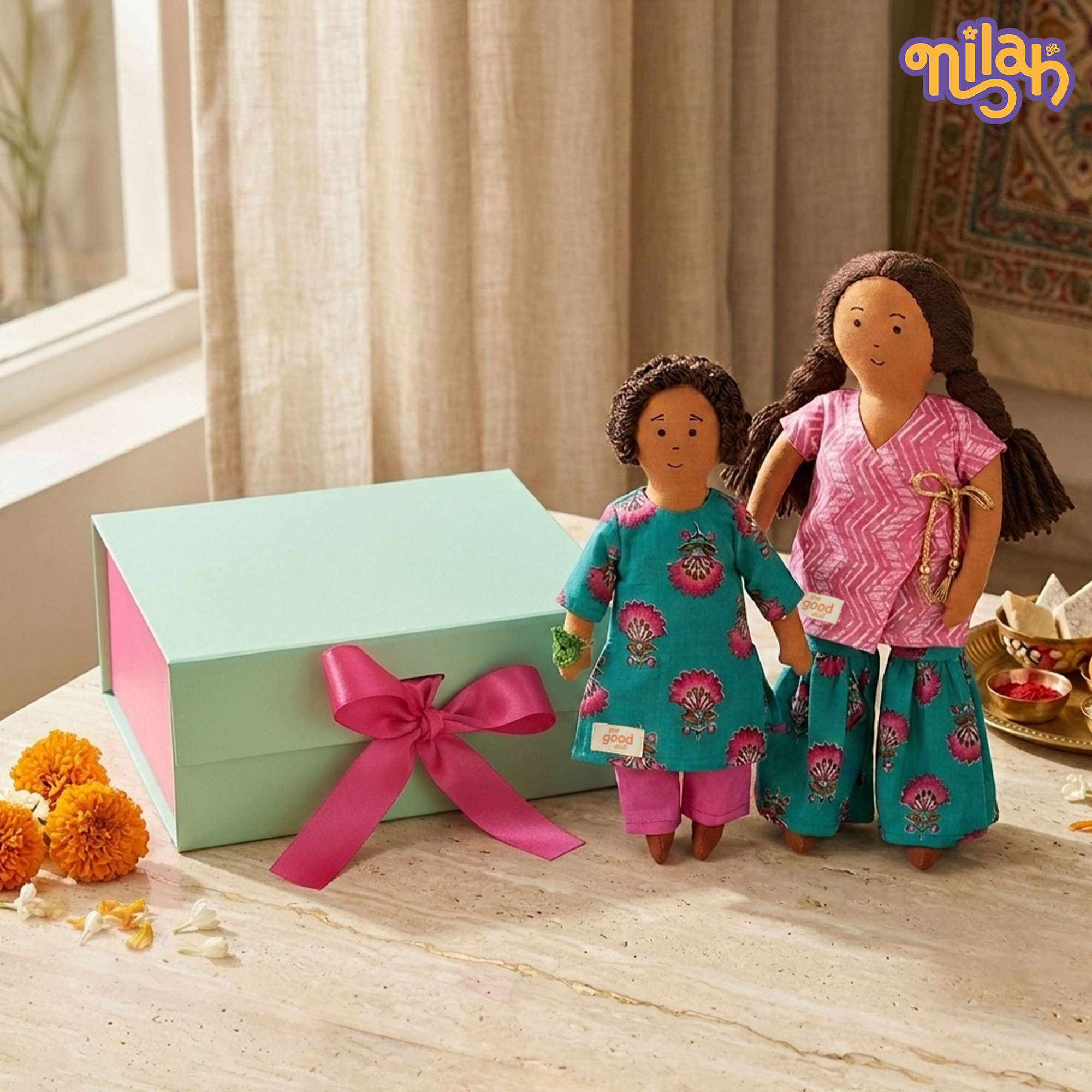 The Bandhan Rakhi Hamper – Nilah & Raagu | 2 Handmade Sibling Dolls in Festive Attire | Handmade Rakhi