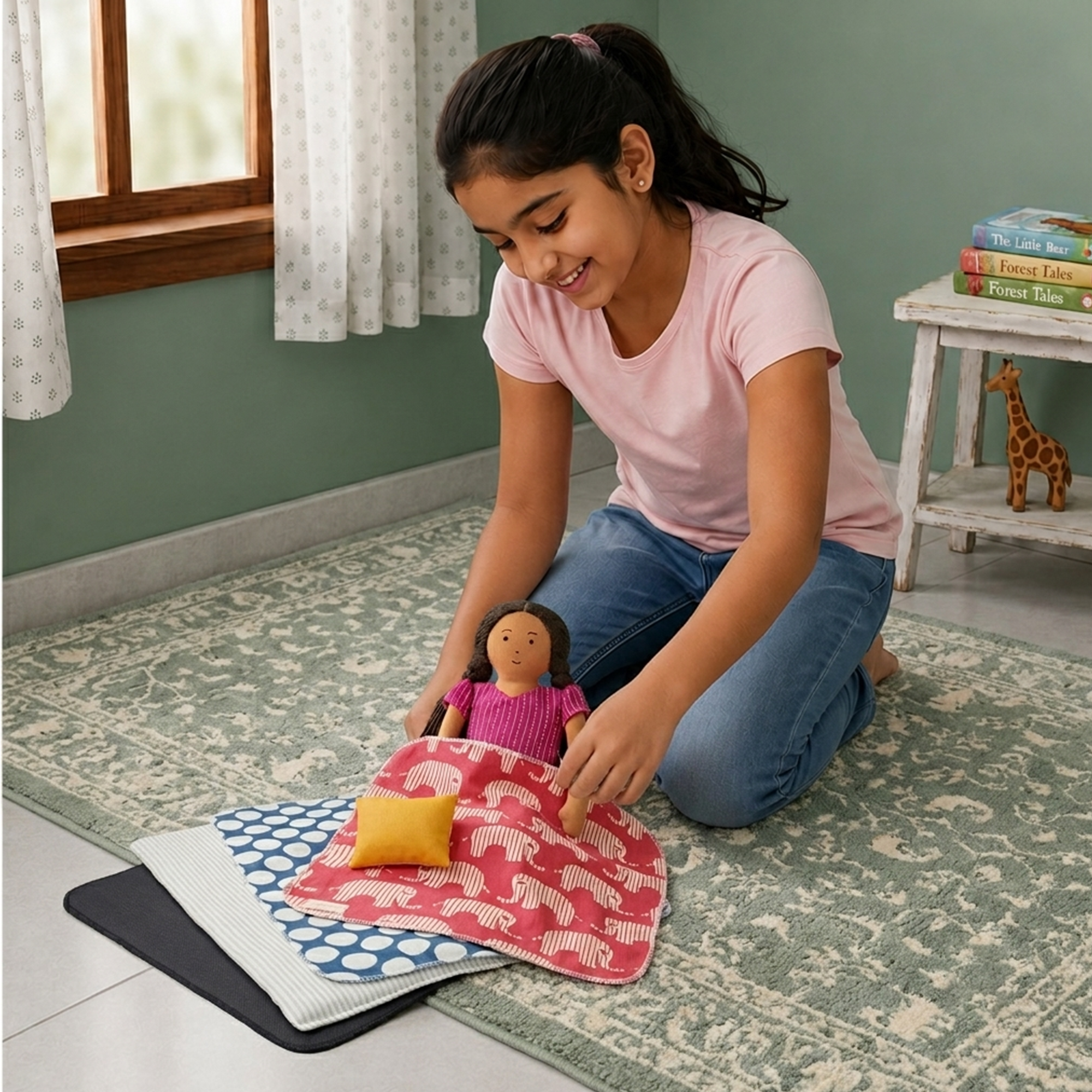 Nilah – Handmade Soft Doll in Floral Skirt + Bed Set