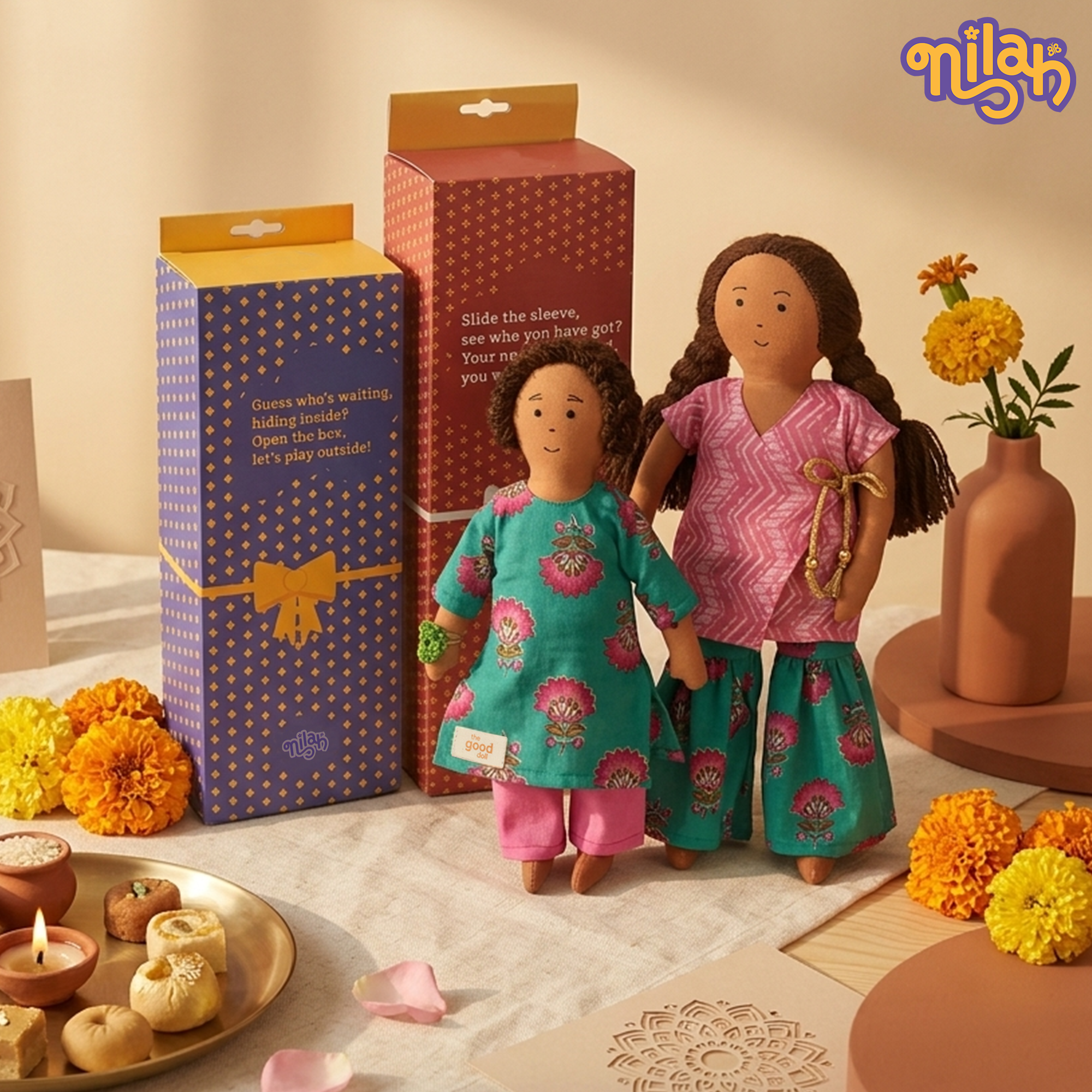 The Rakhi Combo – Nilah & Raagu | 2 Handmade Sibling Dolls in Festive Attire