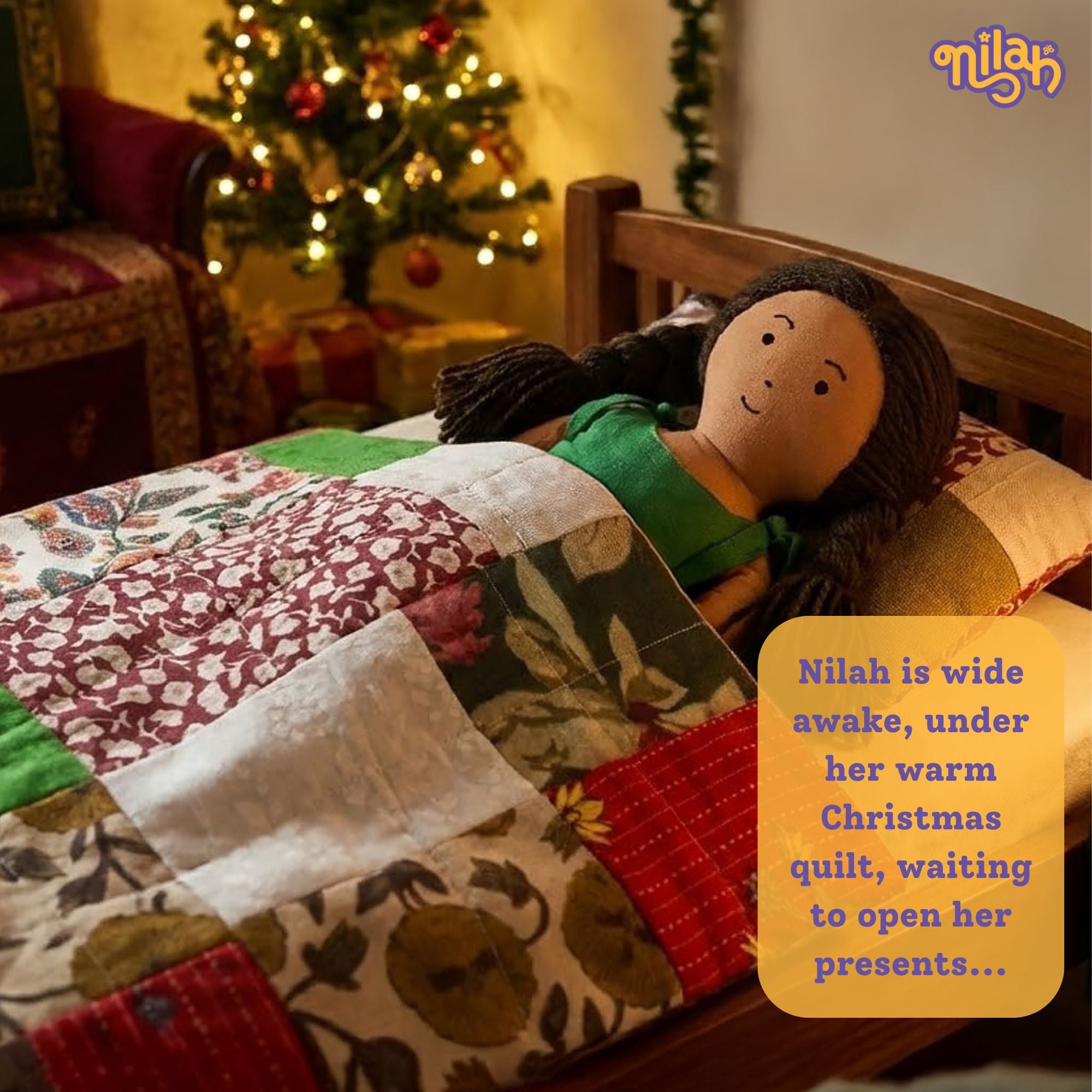 Nilah snuggling into her Christmas quilt & pillow