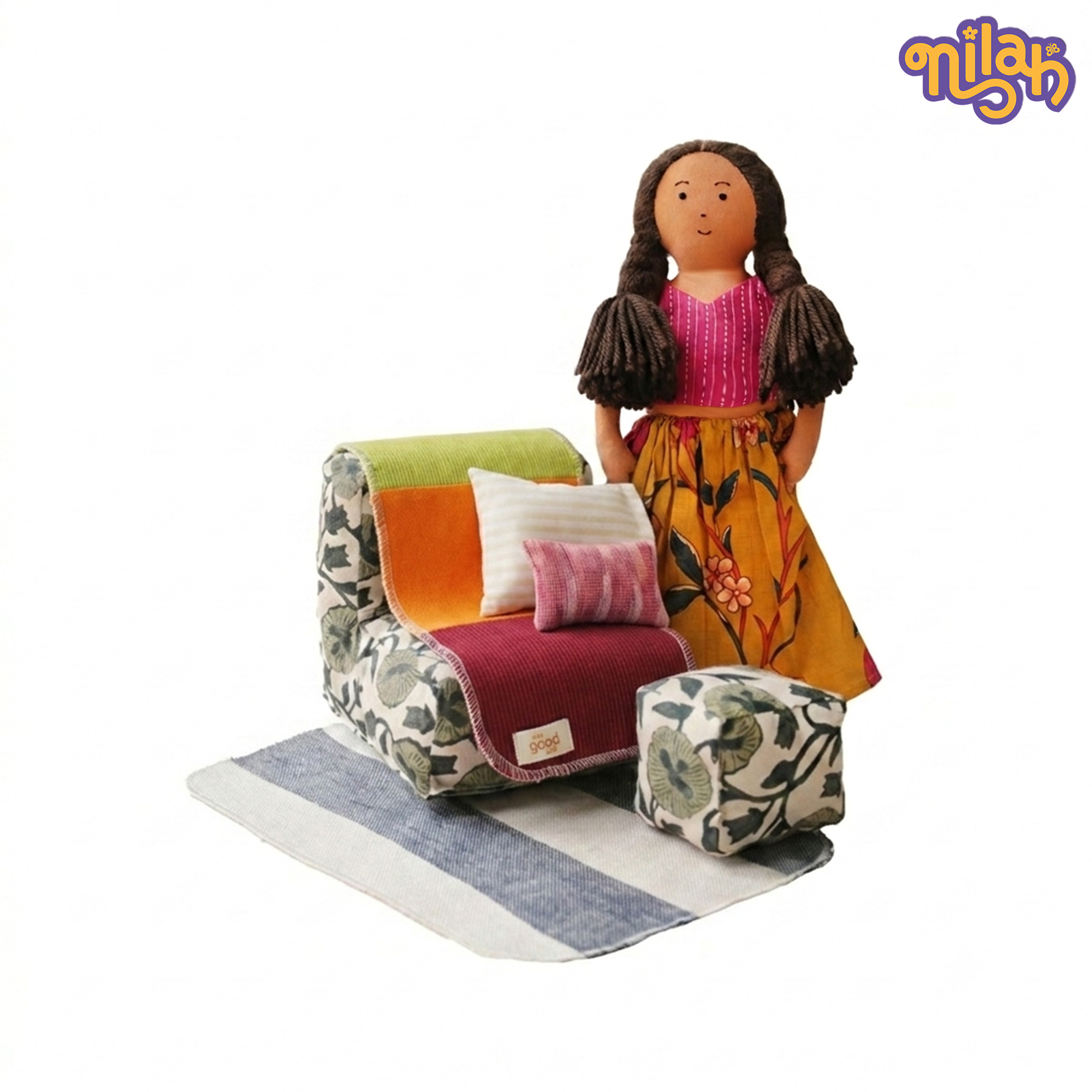 Nilah – Handmade Soft Doll in Floral Skirt + Sofa Set