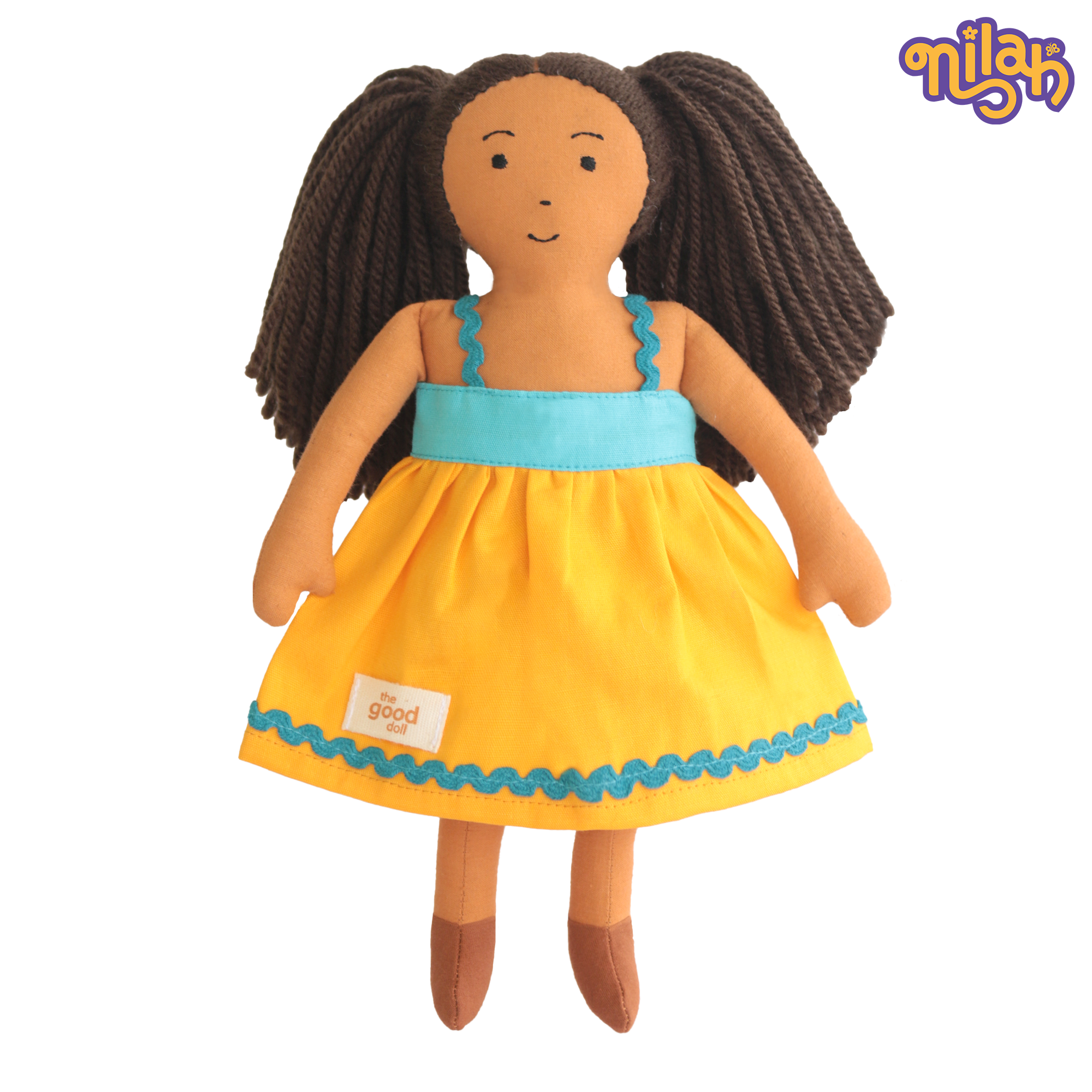 Mira – Handmade Soft Doll for Kids in Sky Blue & Yellow Strapped Dress