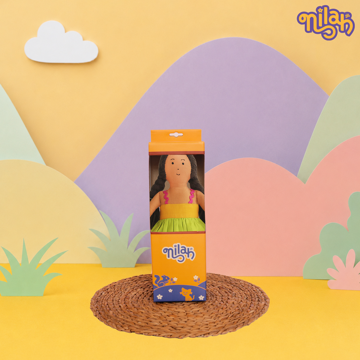 Nilah – Handmade Soft Doll for Kids in Green & Yellow Dress