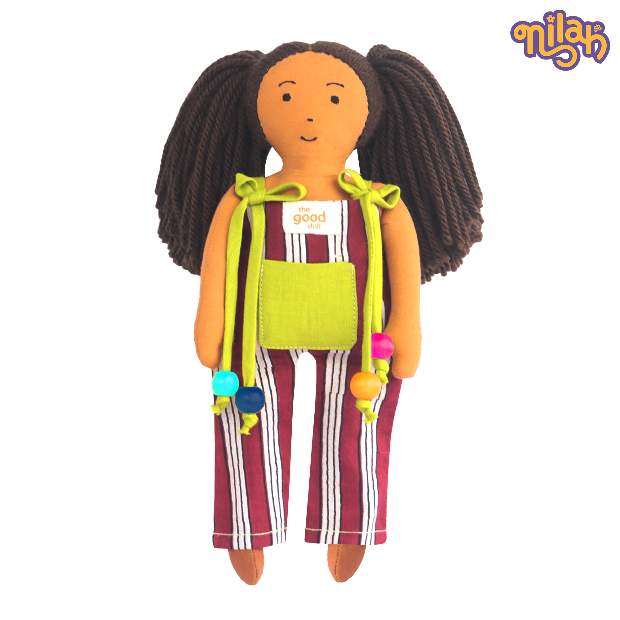 Mira – Handmade Soft Doll for Kids in Red and Green Stripes Jumpsuit
