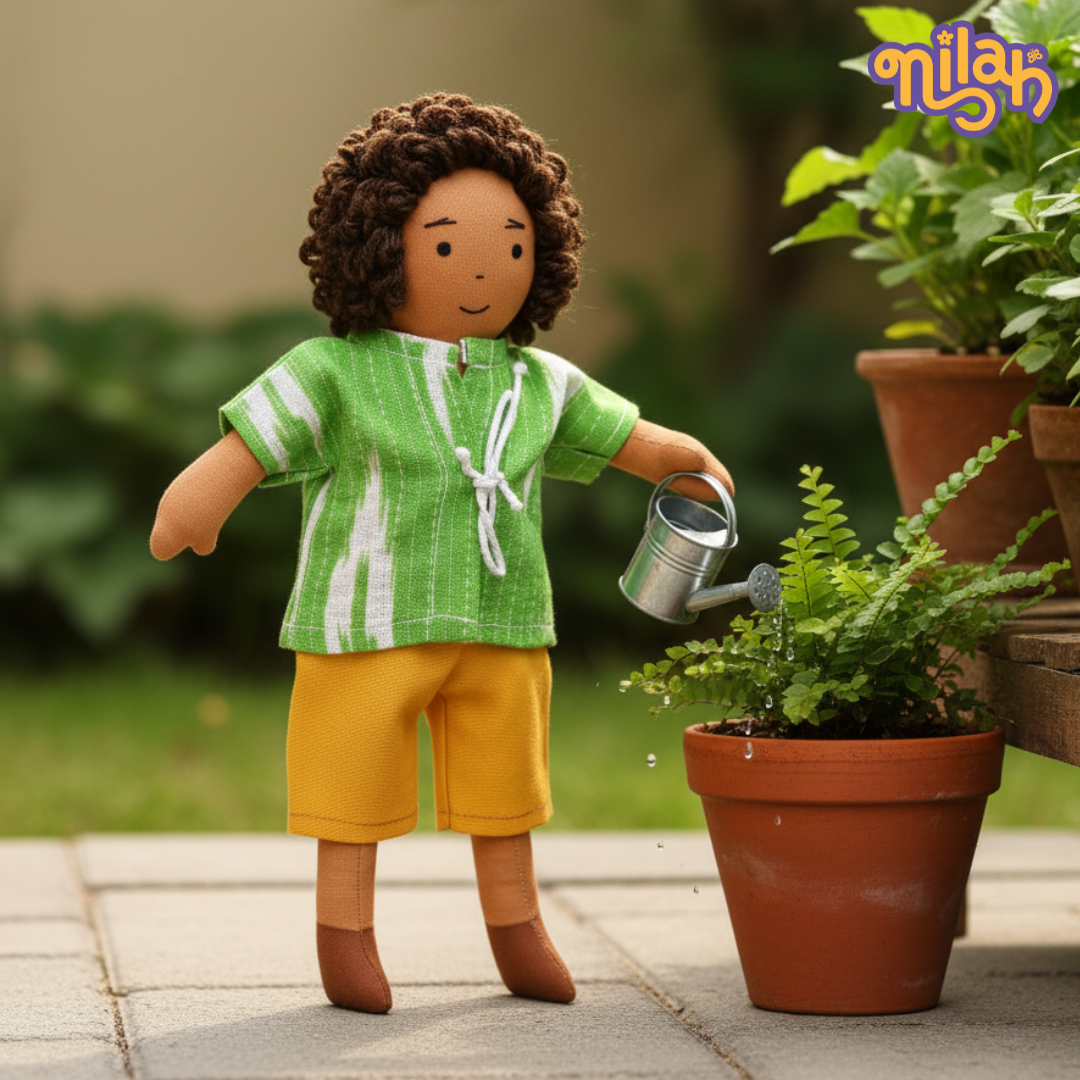 Raagu watering plants in the garden